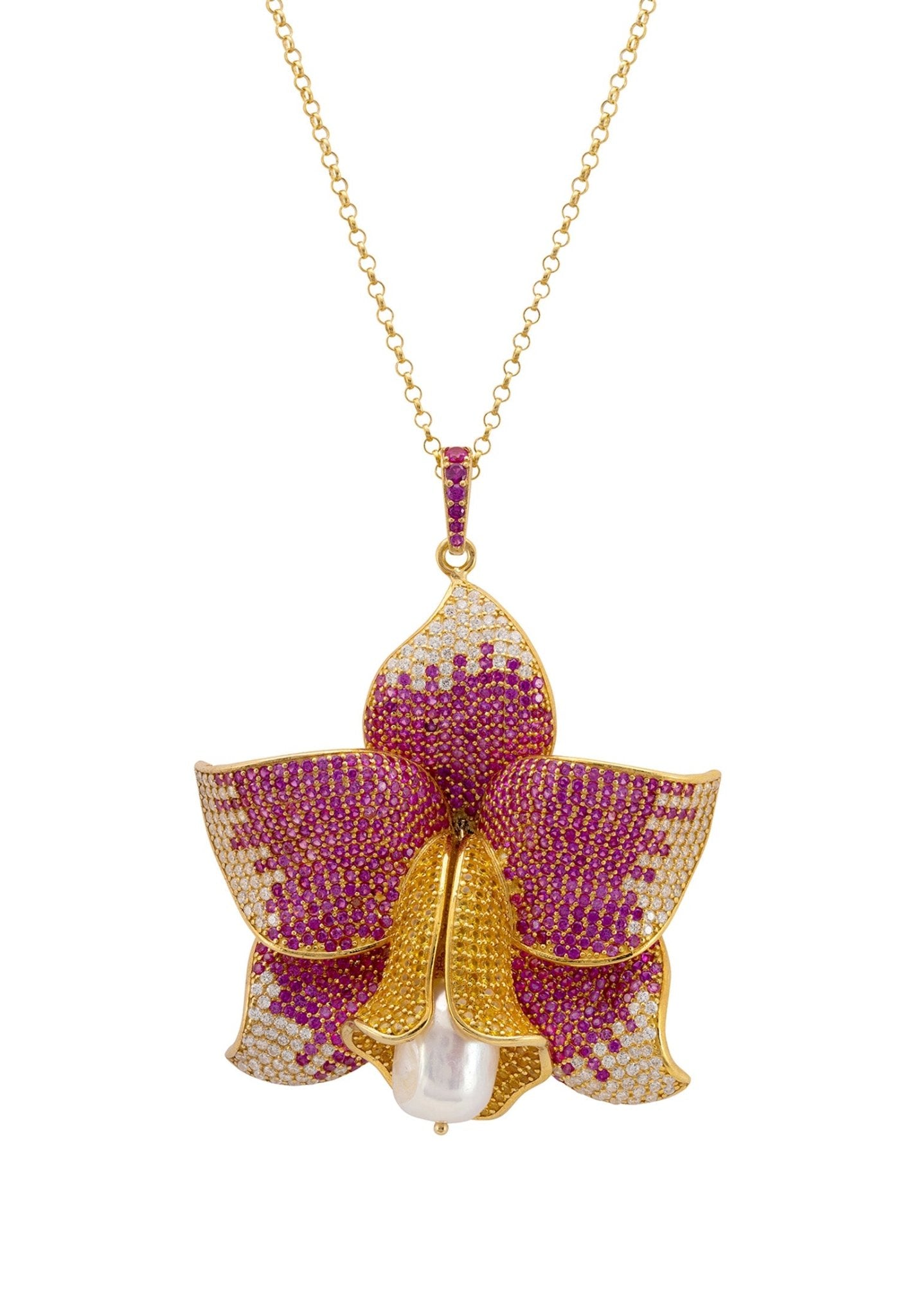 Daffodil With Pearl Pendant Necklace Gold Ruby CZ - LATELITA Necklaces