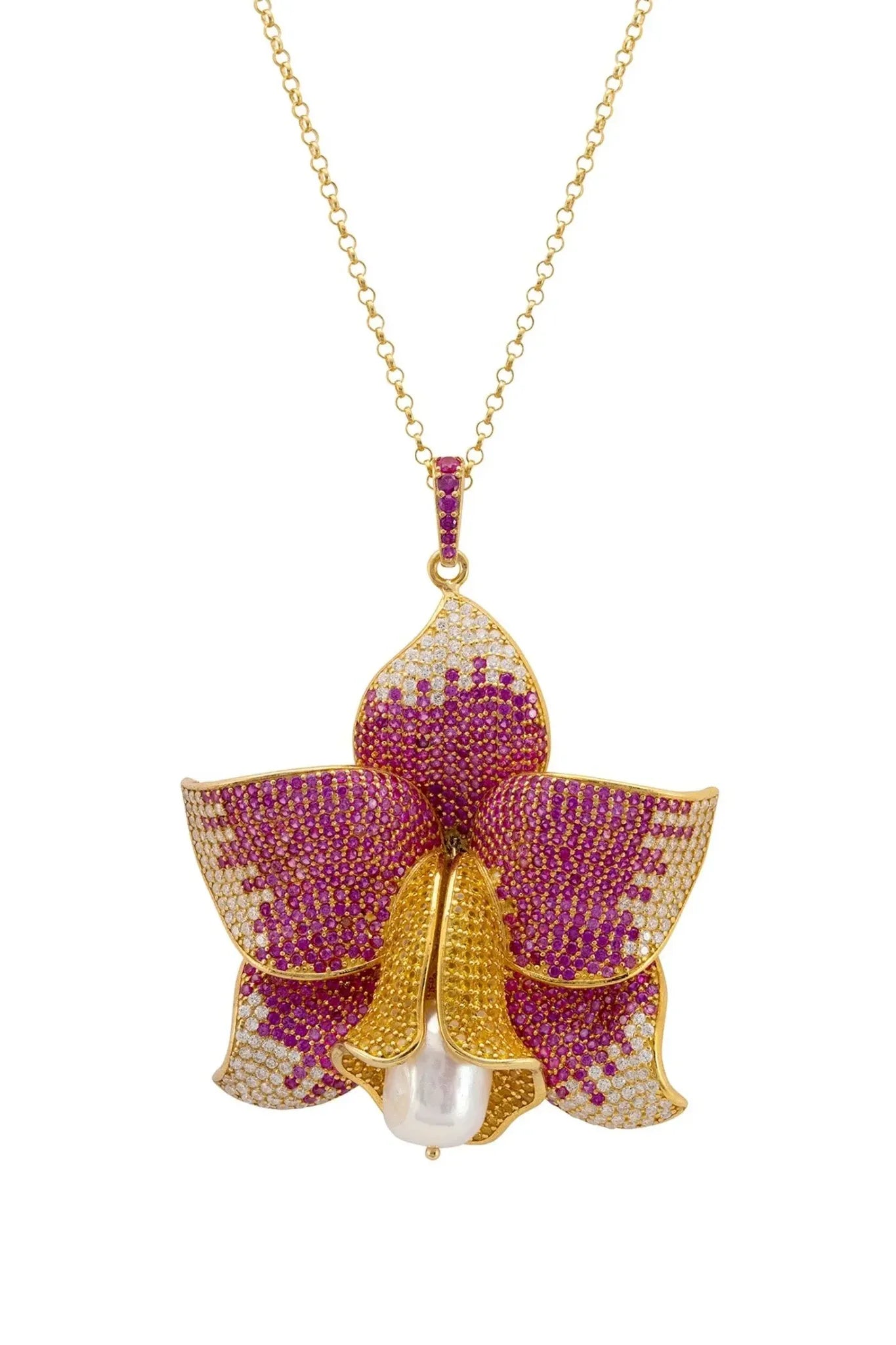 Daffodil With Pearl Pendant Necklace Gold Ruby CZ - LATELITA Necklaces