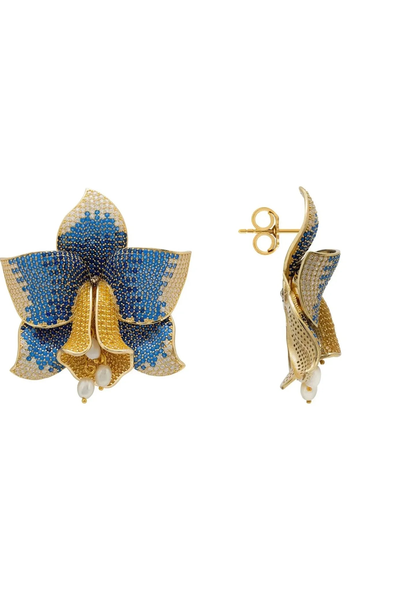 Daffodil With Pearls Earrings Gold Sapphire CZ - LATELITA Earrings