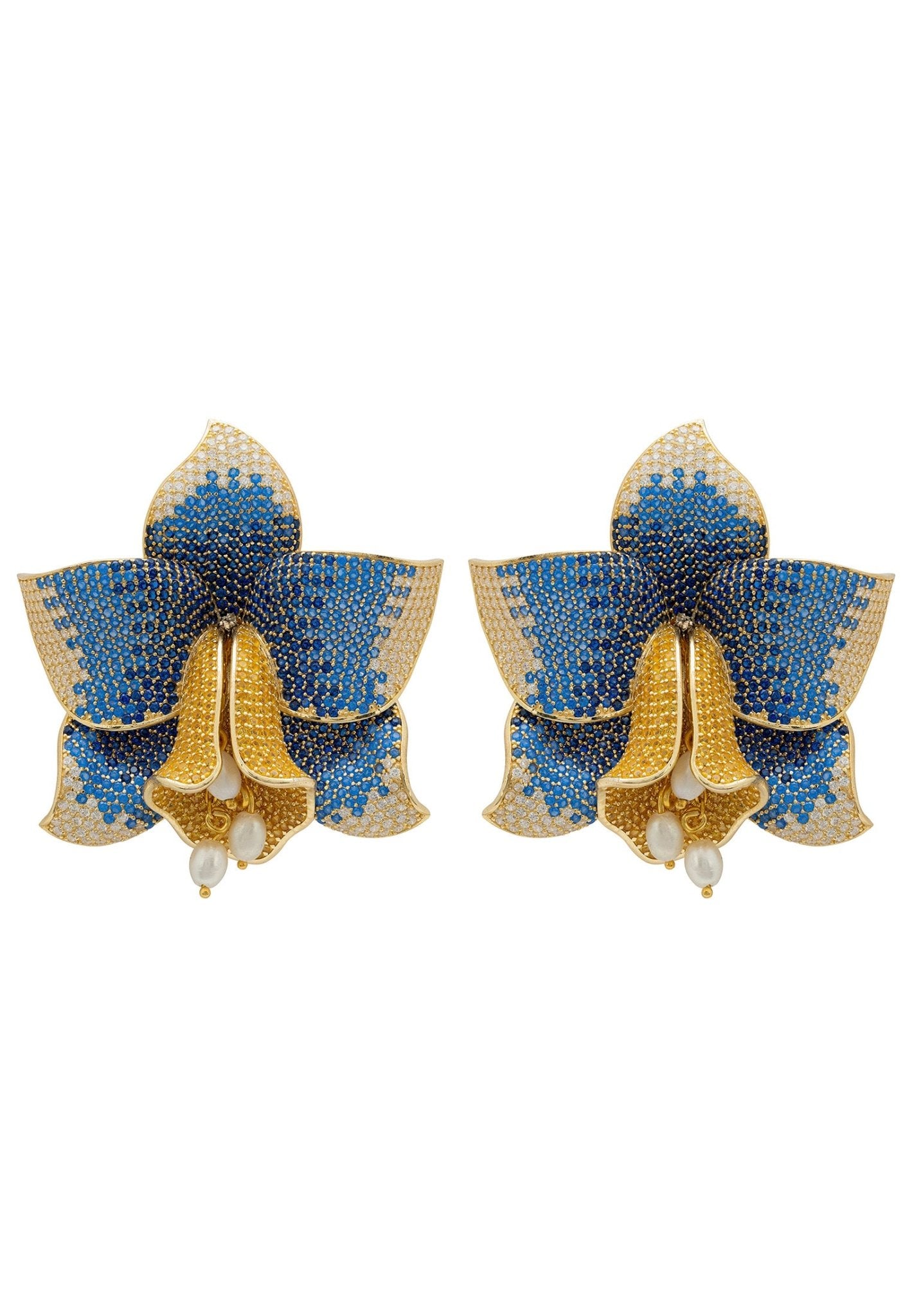 Daffodil With Pearls Earrings Gold Sapphire CZ - LATELITA Earrings