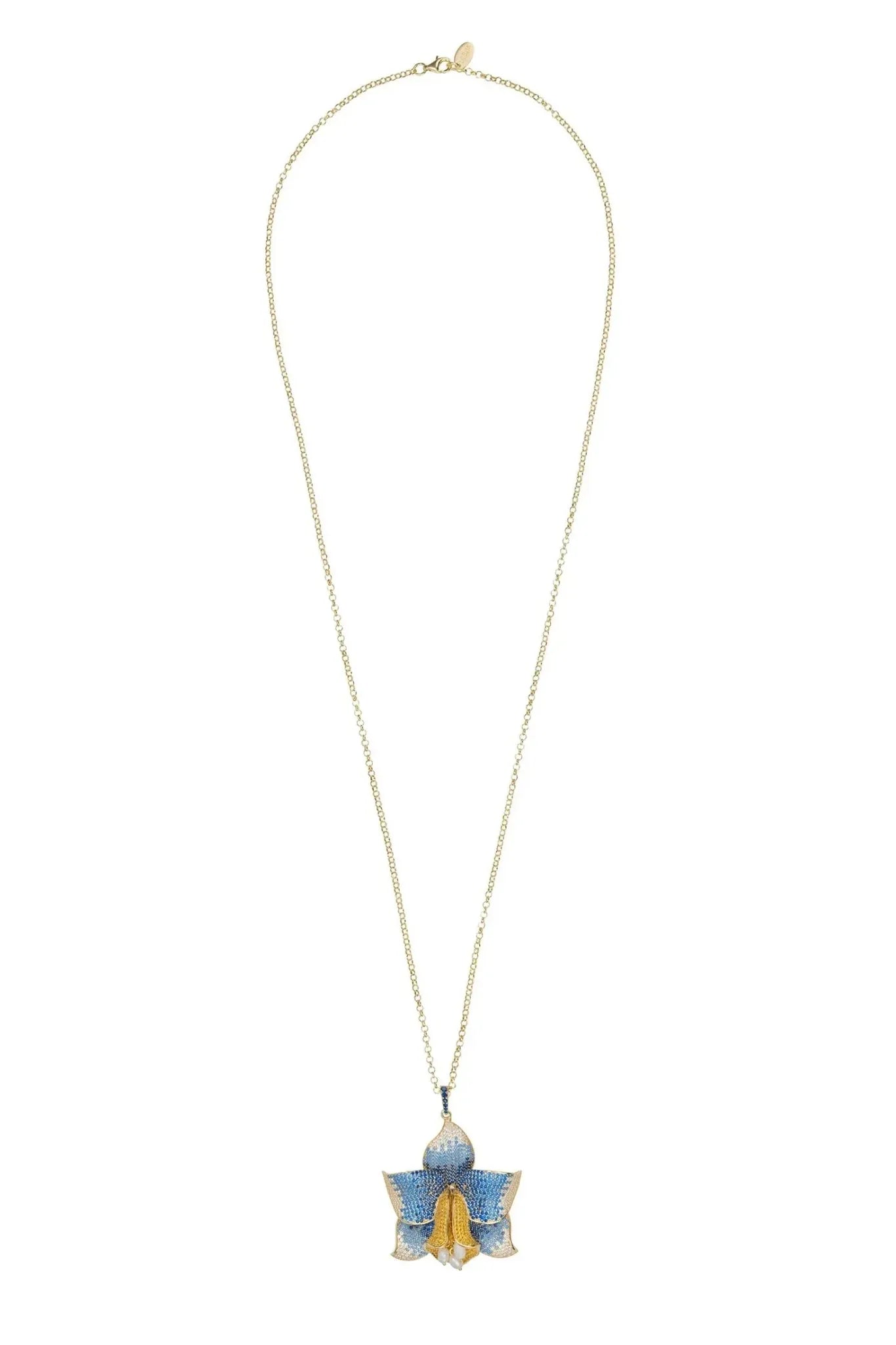 Daffodil With Pearls Pendant Necklace Gold Sapphire CZ - LATELITA Necklaces