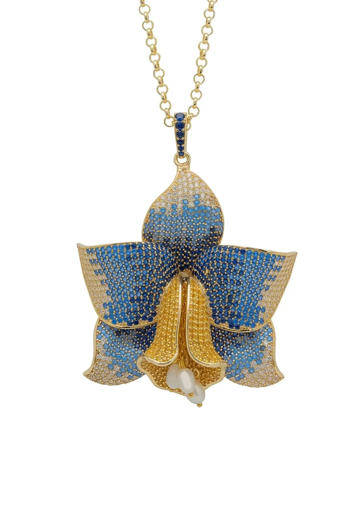 Daffodil With Pearls Pendant Necklace Gold Sapphire CZ - LATELITA Necklaces