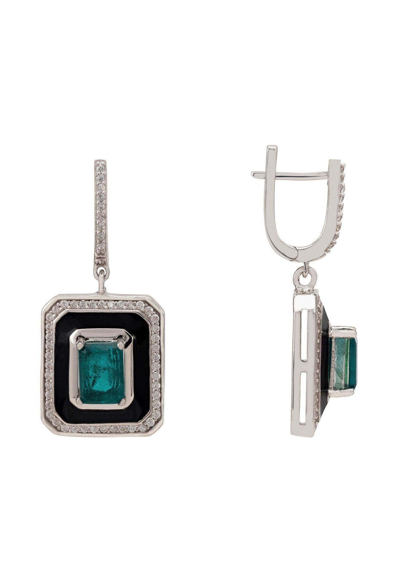 Deco Emerald & Enamel Earrings Silver - LATELITA Earrings
