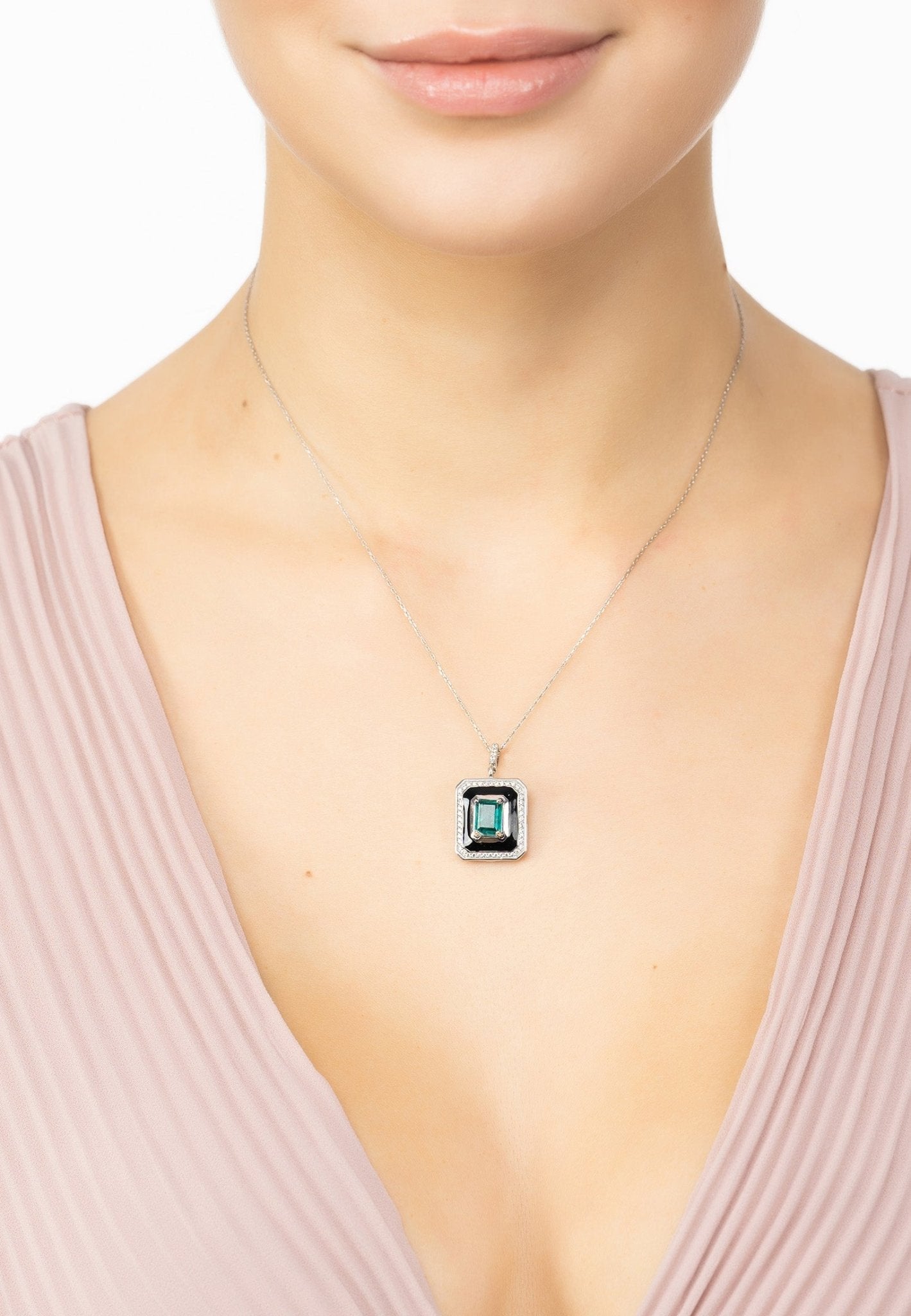Deco Emerald & Enamel Necklace Silver - LATELITA Necklaces
