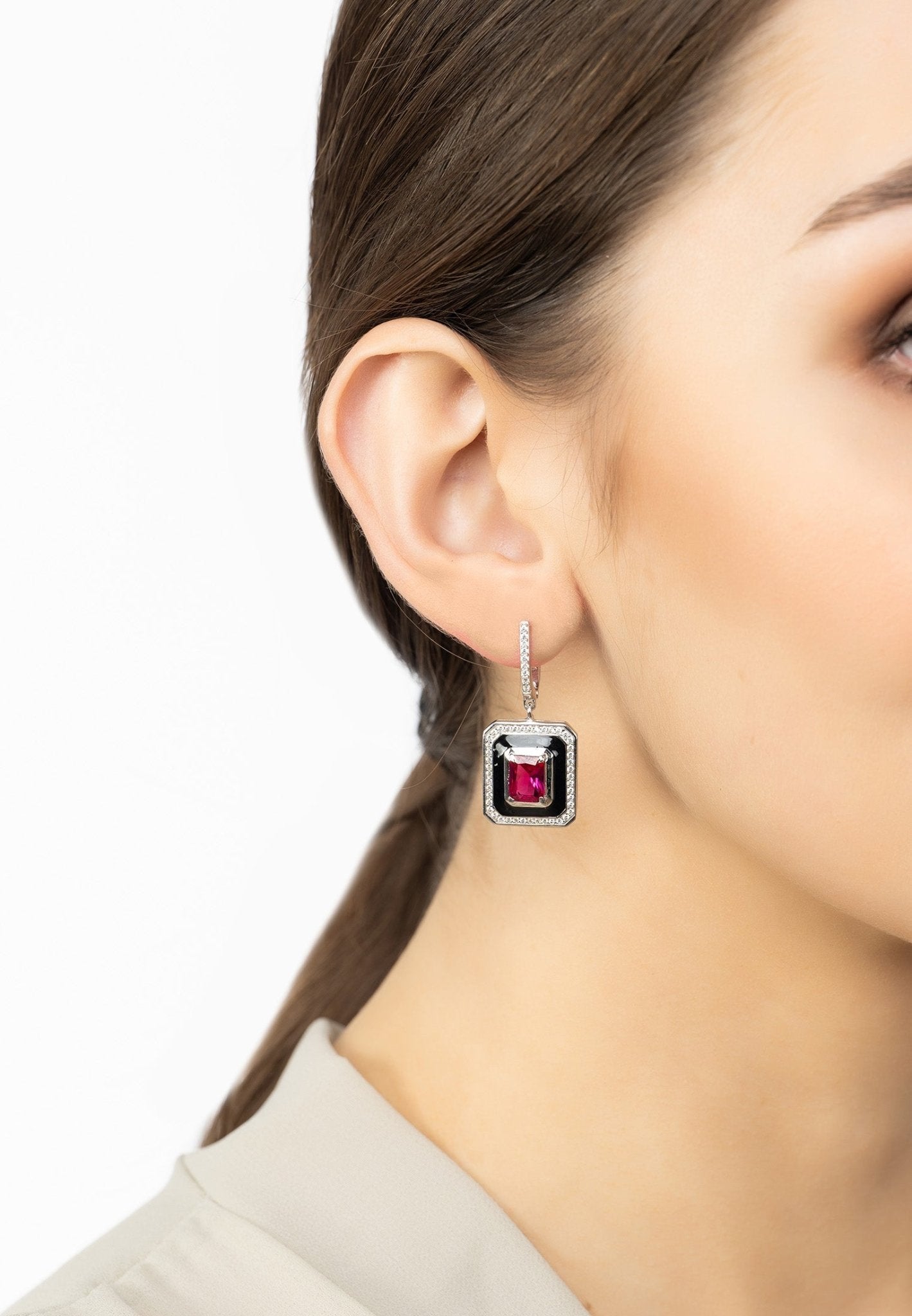 Deco Ruby & Enamel Earrings Silver - LATELITA Earrings