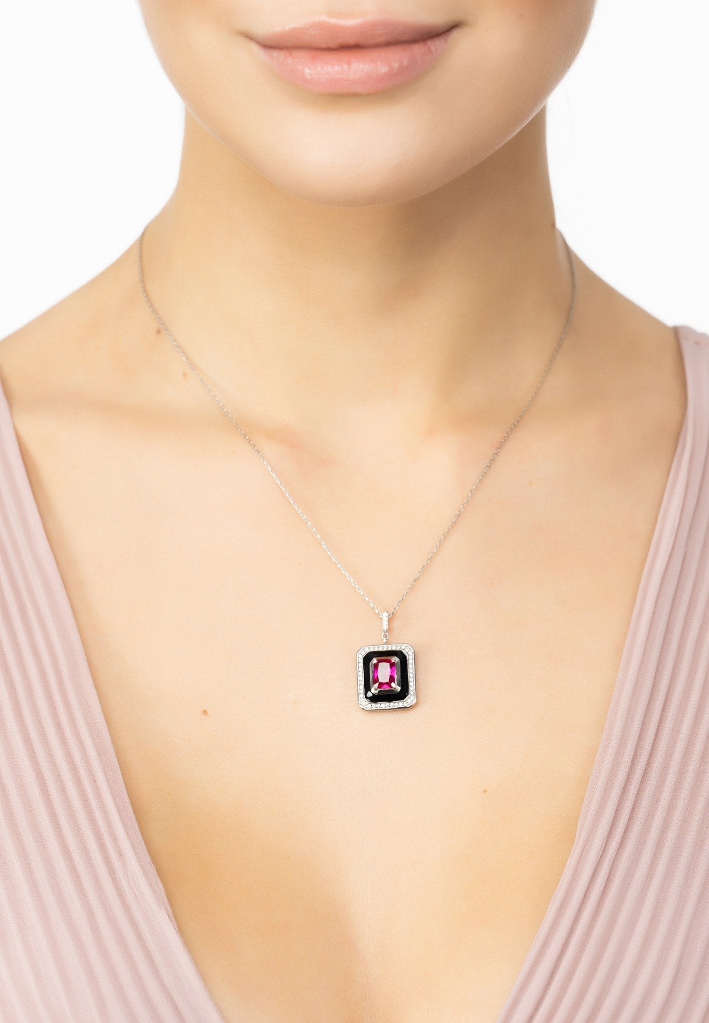 Deco Ruby & Enamel Necklace Silver - LATELITA Necklaces