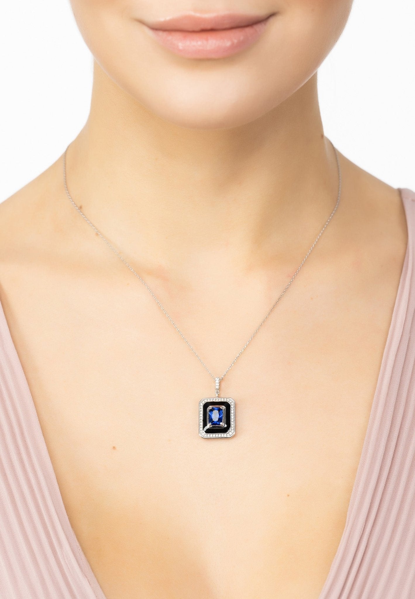 Deco Sapphire & Enamel Necklace Silver - LATELITA Necklaces