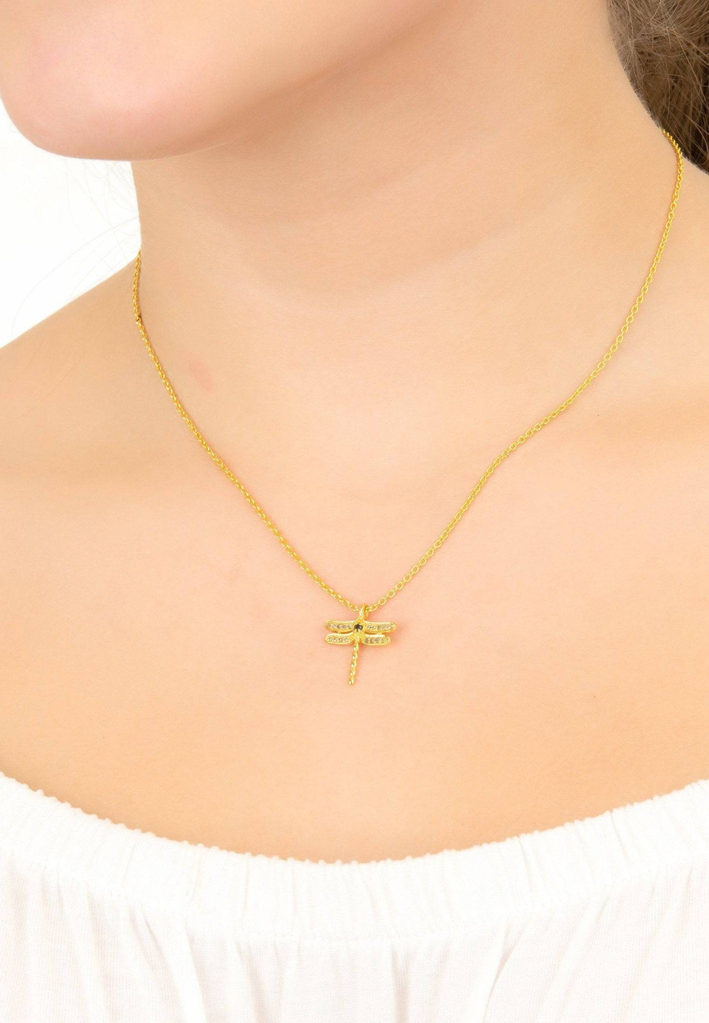 Diamond & Emerald Dragonfly Necklace Gold - LATELITA Necklaces