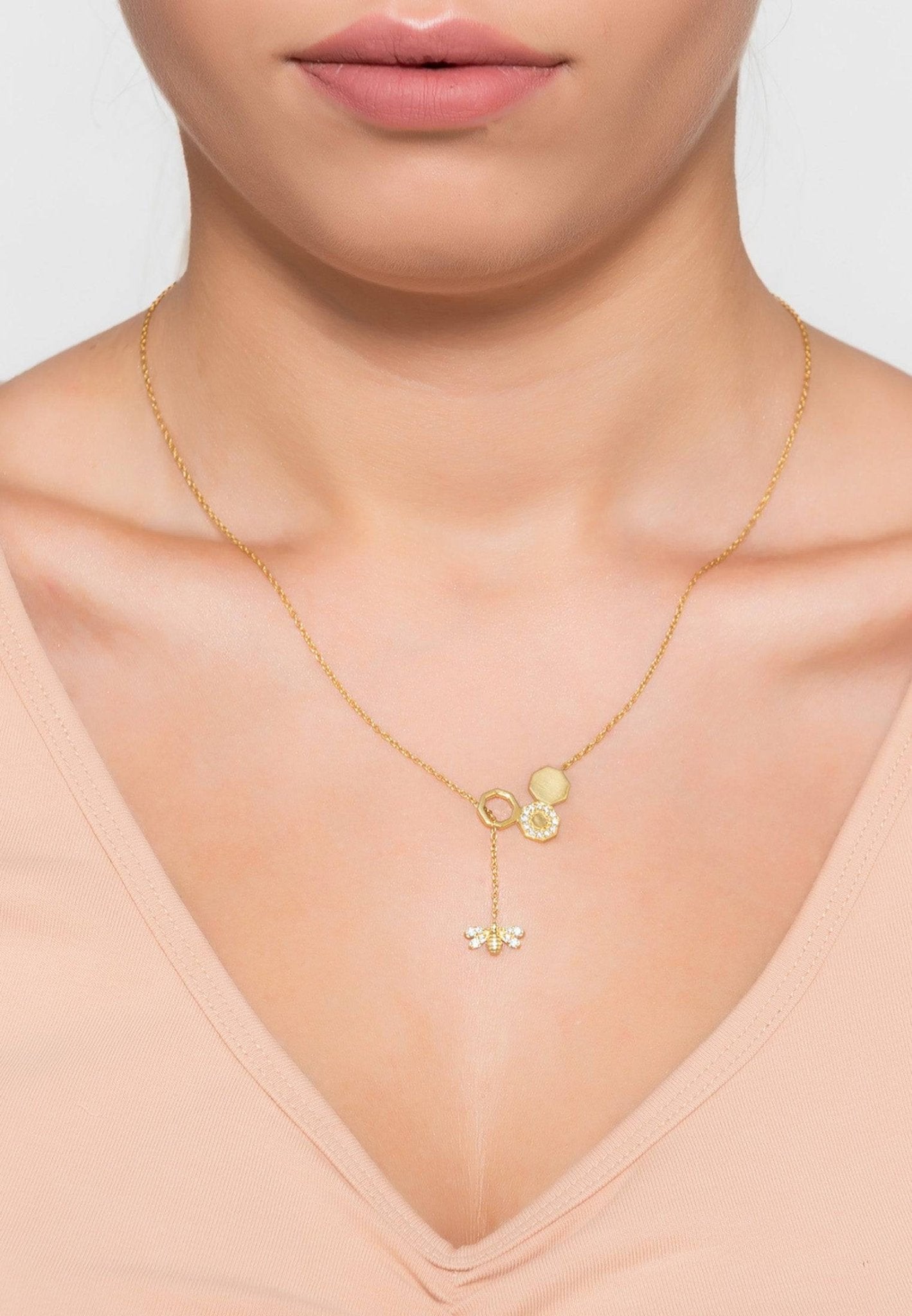 Diamond Honey Bee Comb Pendant Necklace Rosegold - LATELITA Necklaces
