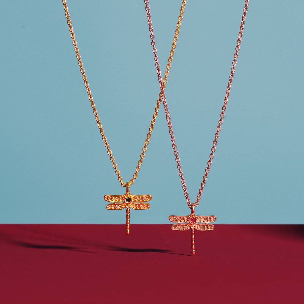 Diamond & Ruby Dragonfly Necklace Rosegold - LATELITA Necklaces