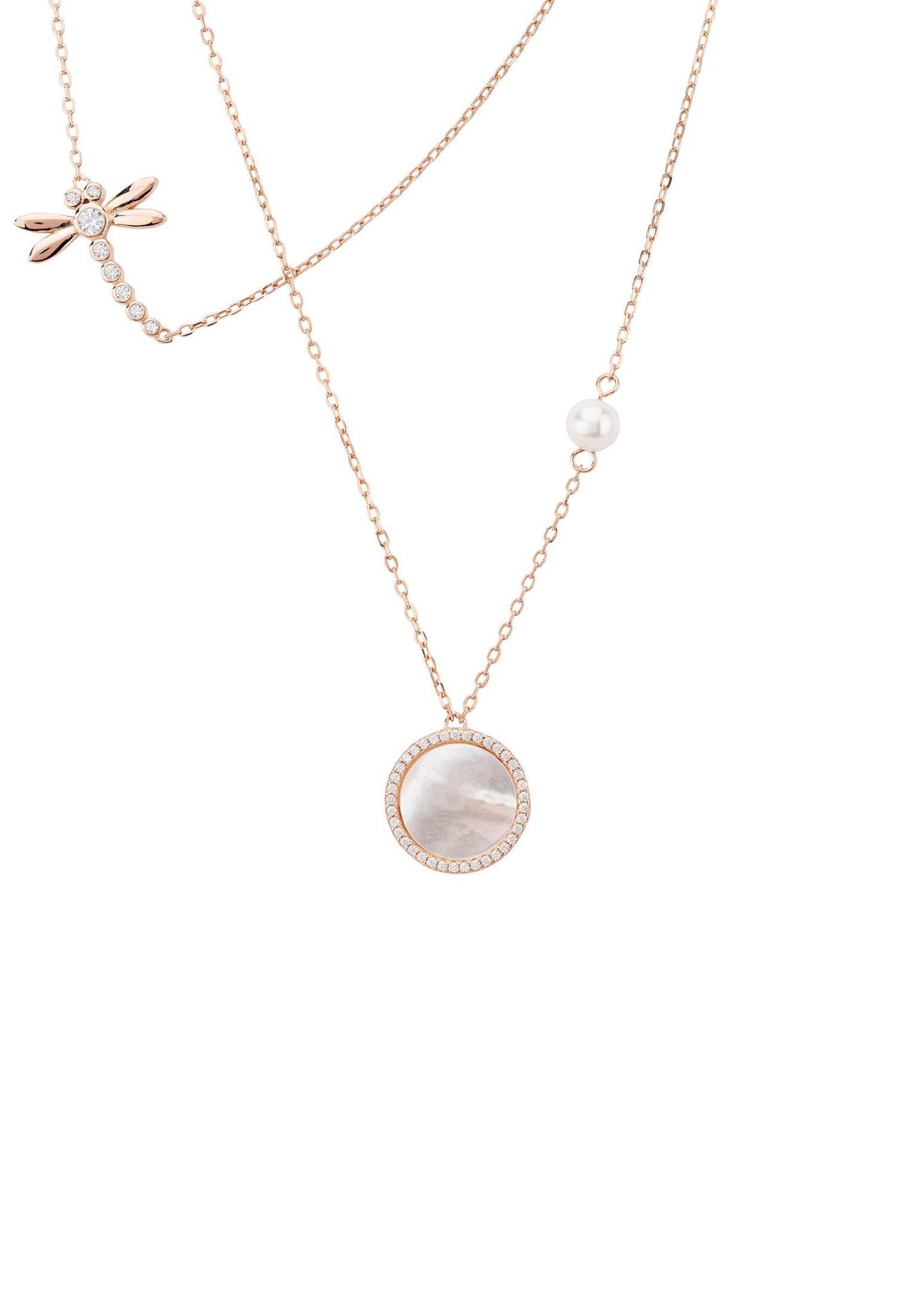 Dragon Fly Mother Of Pearl Layered Necklace Rosegold - LATELITA Necklaces