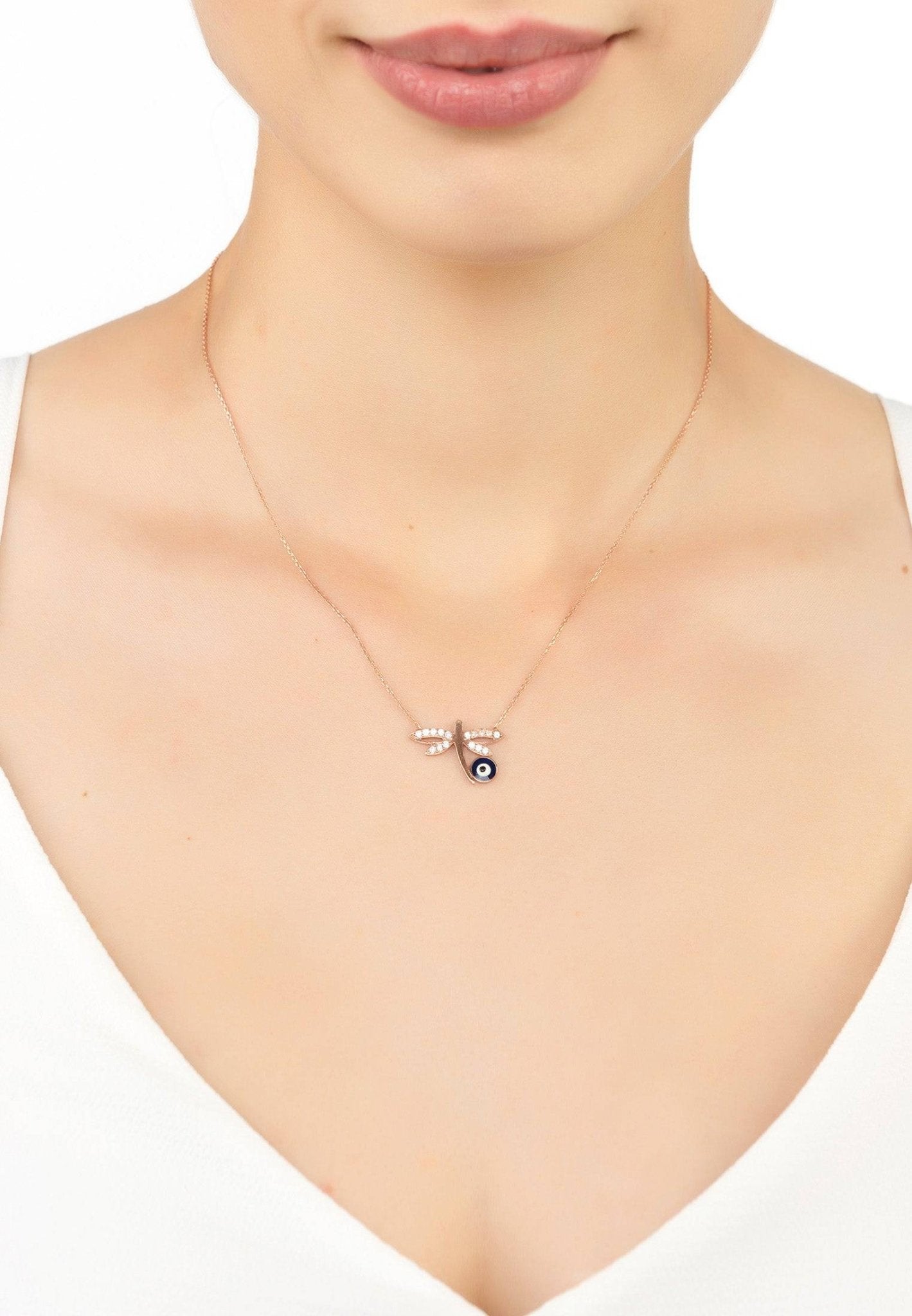Dragonfly Evil Eye Pendant Necklace Rosegold - LATELITA Necklaces