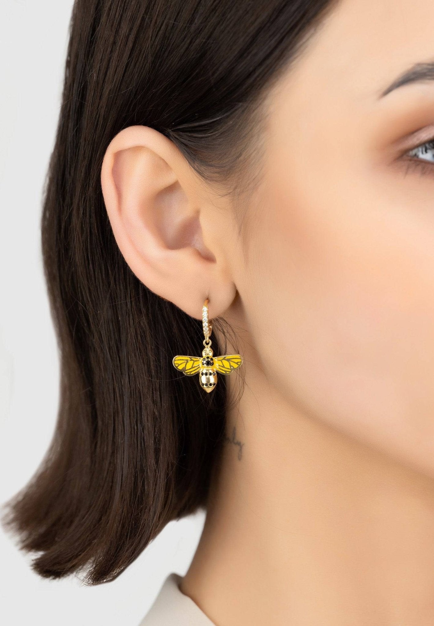 Enamel Bee Drop Hoop Earrings Gold - LATELITA Earrings