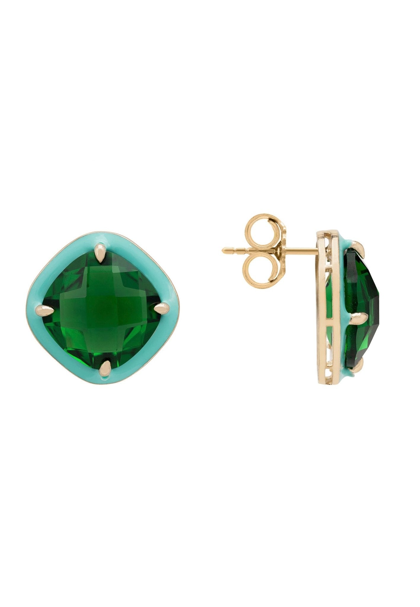 Enamel & Emerald Gemstone Cushion Stud Earrings Gold - LATELITA Earrings