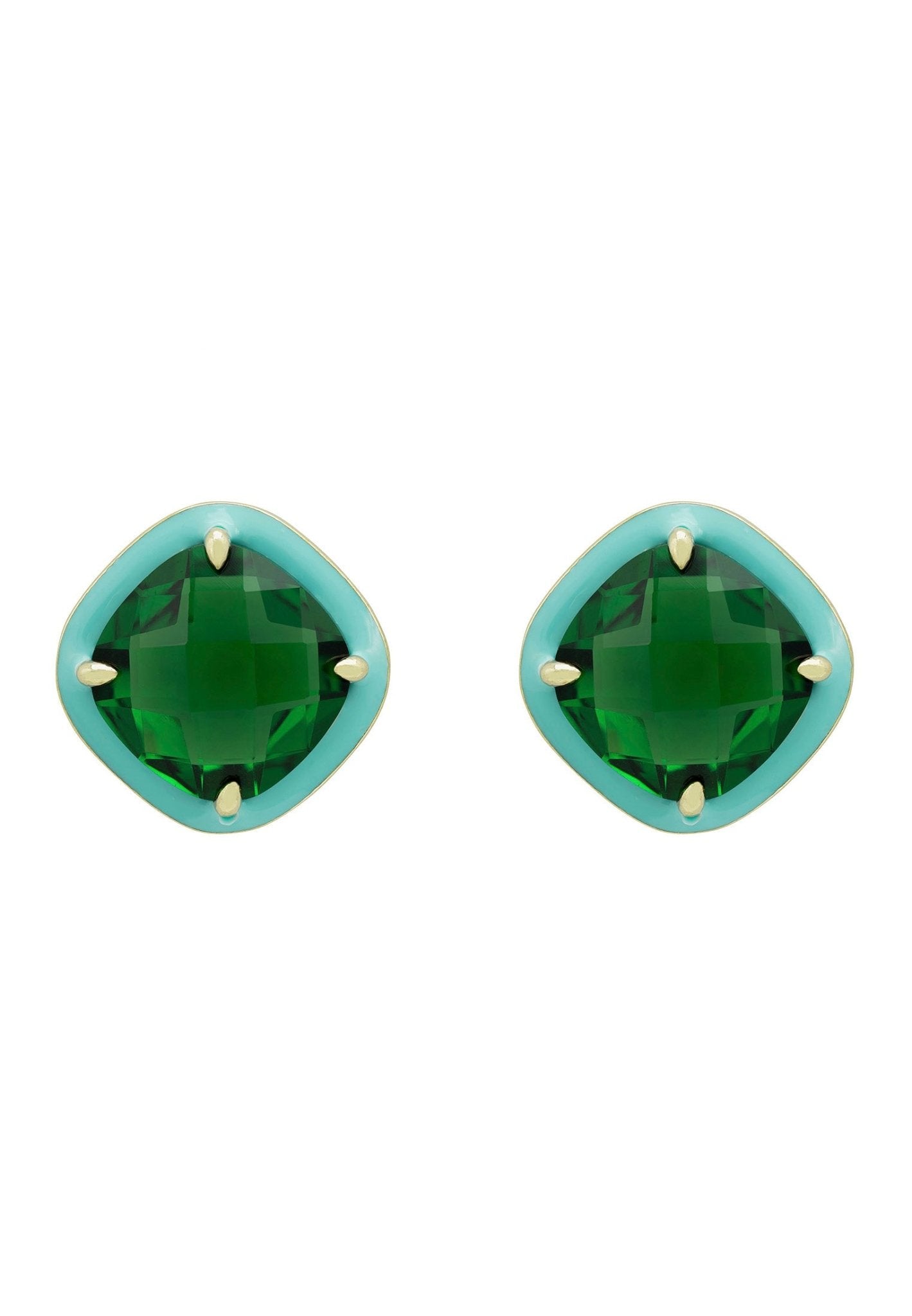 Enamel & Emerald Gemstone Cushion Stud Earrings Gold - LATELITA Earrings