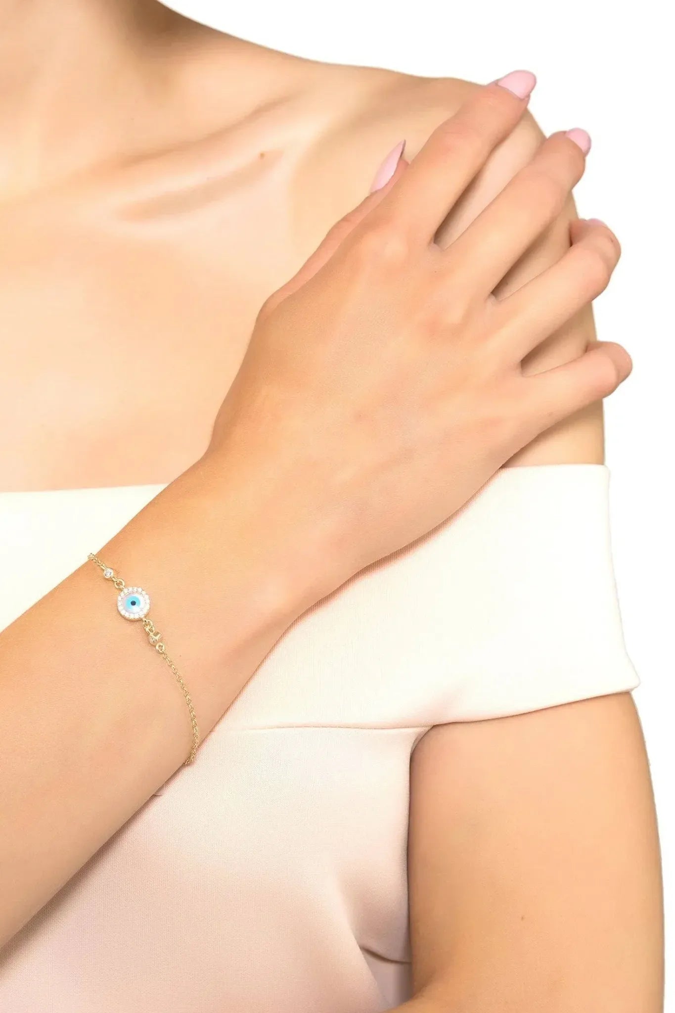 Evil Eye Round Mother Of Pearl Gemstone Bracelet Gold - LATELITA Bracelets