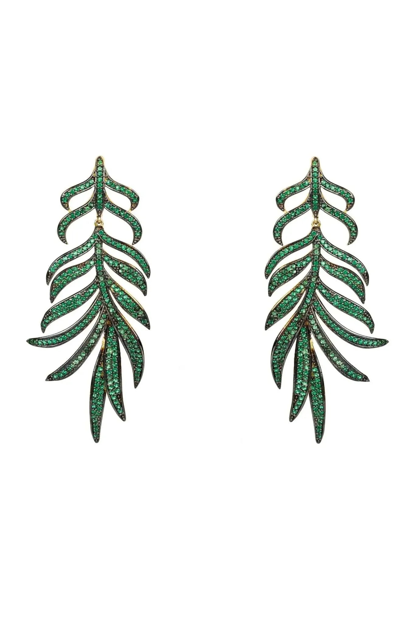 Feathered Leaf Statement Drop Earrings Green Cz - LATELITA Earrings