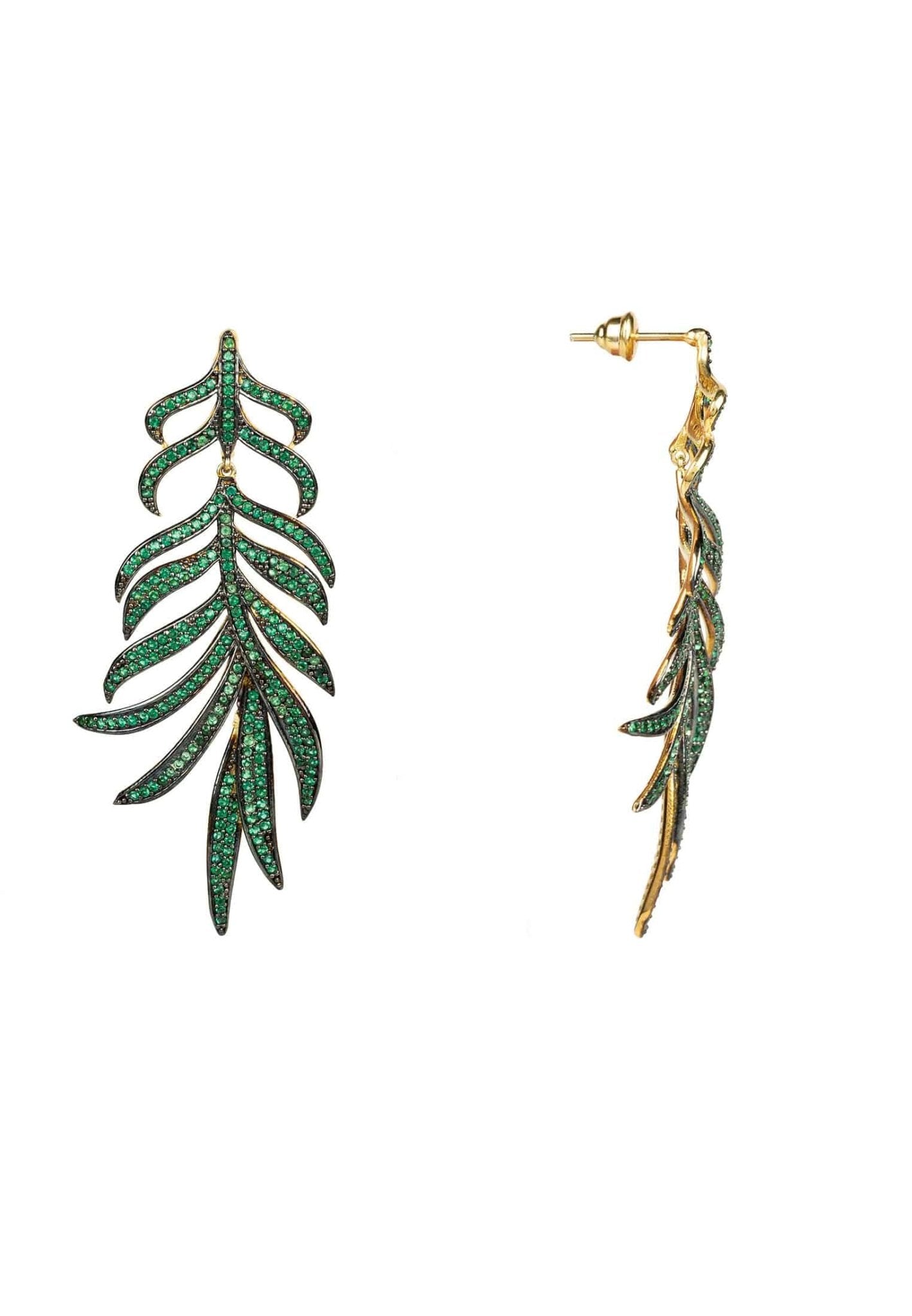 Feathered Leaf Statement Drop Earrings Green Cz - LATELITA Earrings