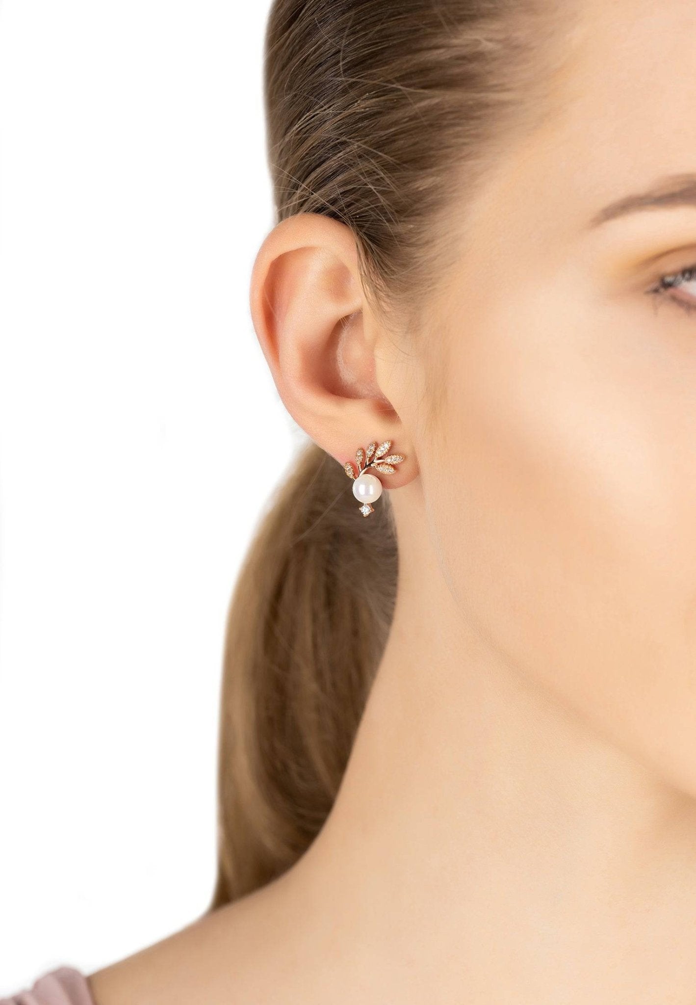 Fern Leaf & Pearl Earrings Rosegold - LATELITA Earrings