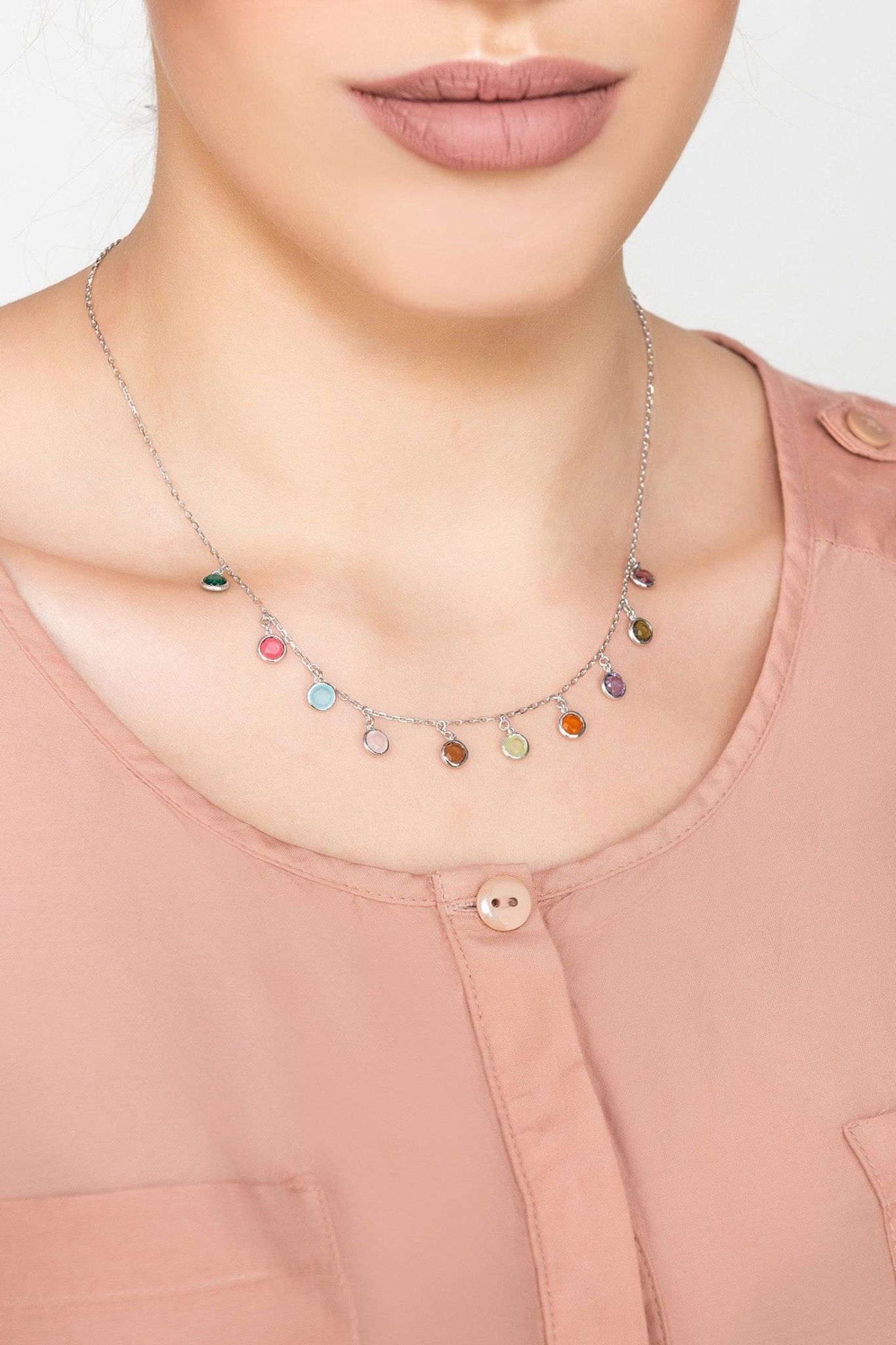 Florence Multi Coloured Gemstone Necklace Silver - LATELITA Necklaces