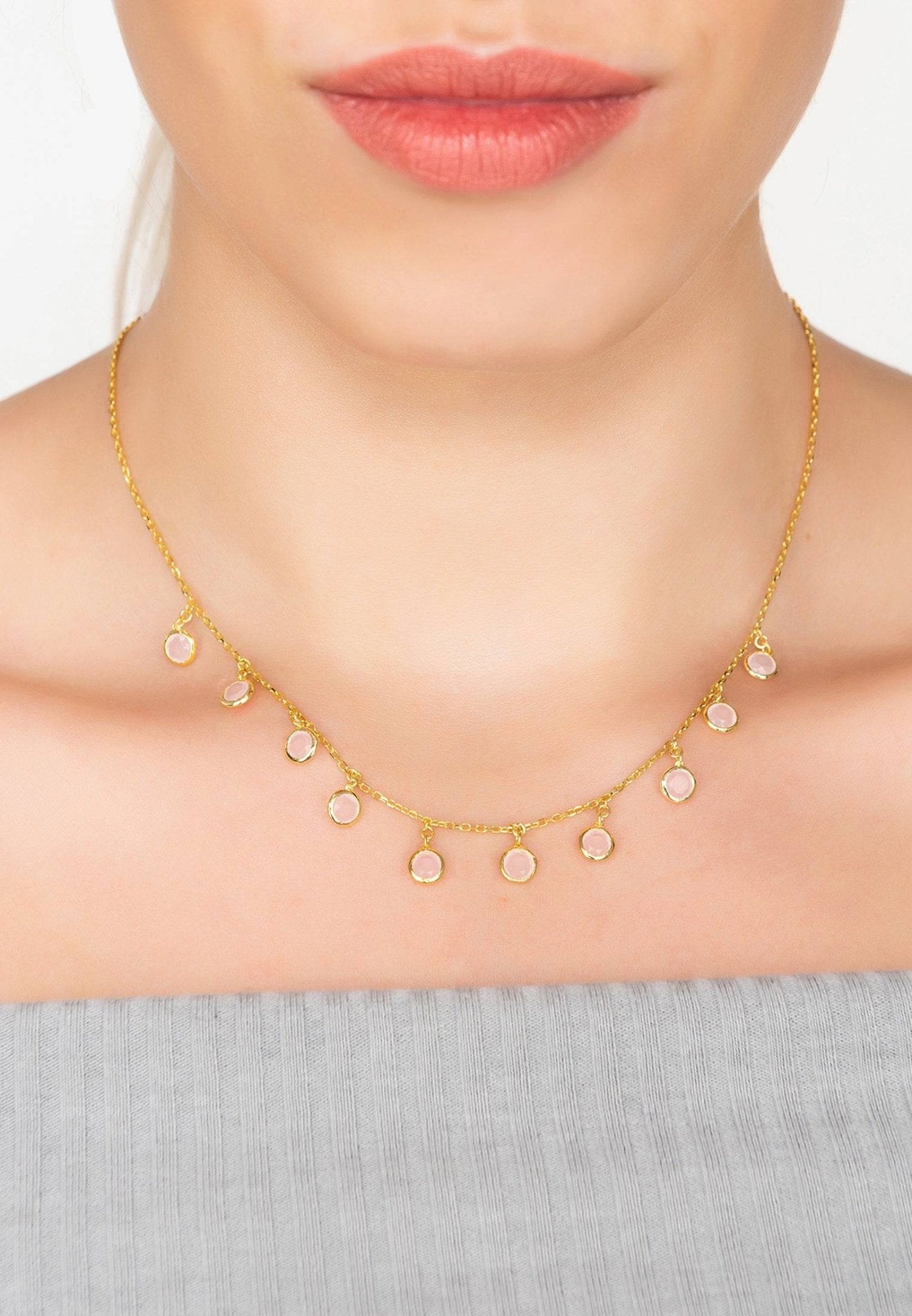 Florence Round Gemstone Necklace Gold Rose Quartz - LATELITA Necklaces