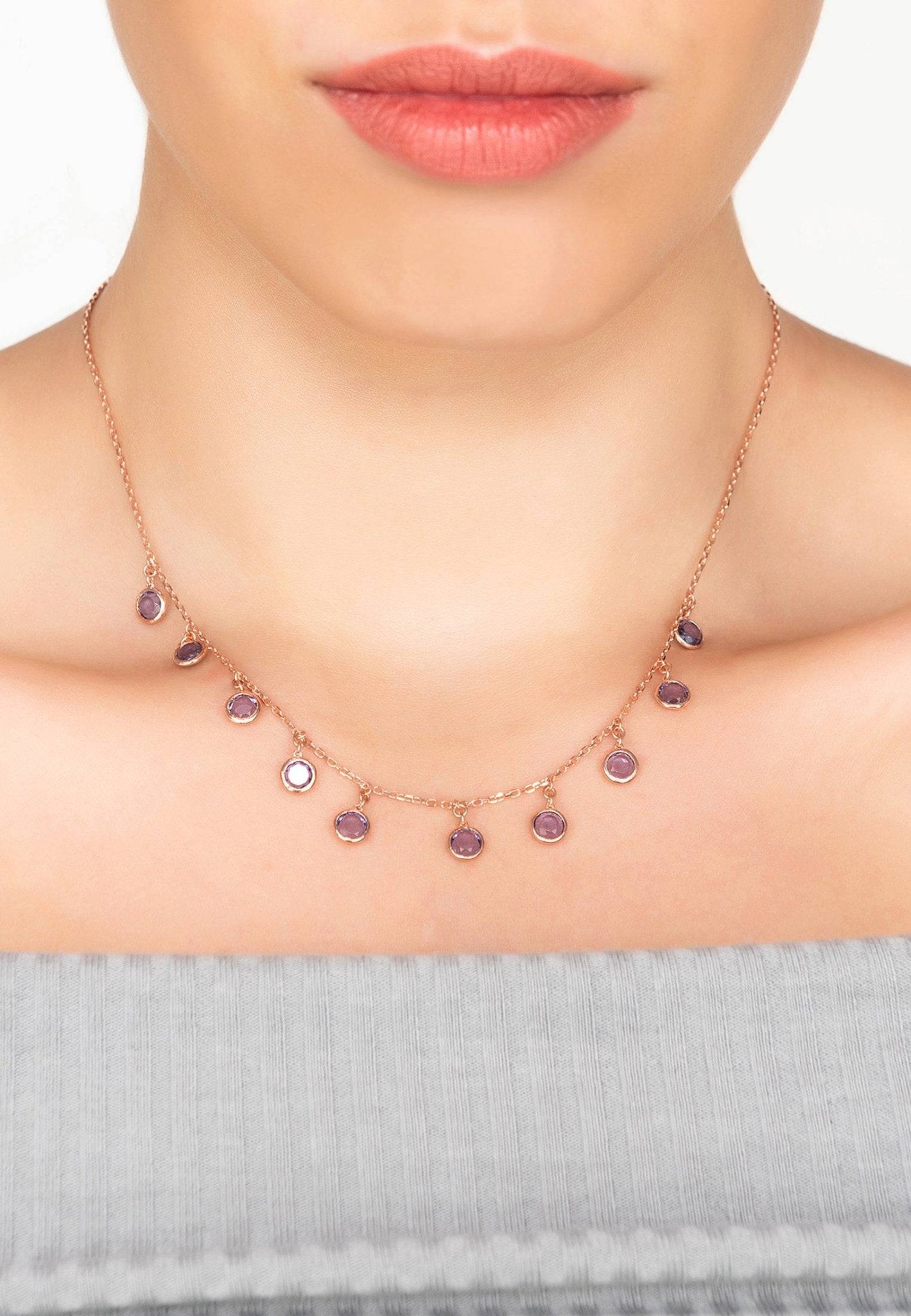 Florence Round Gemstone Necklace Rosegold Amethyst - LATELITA Necklaces