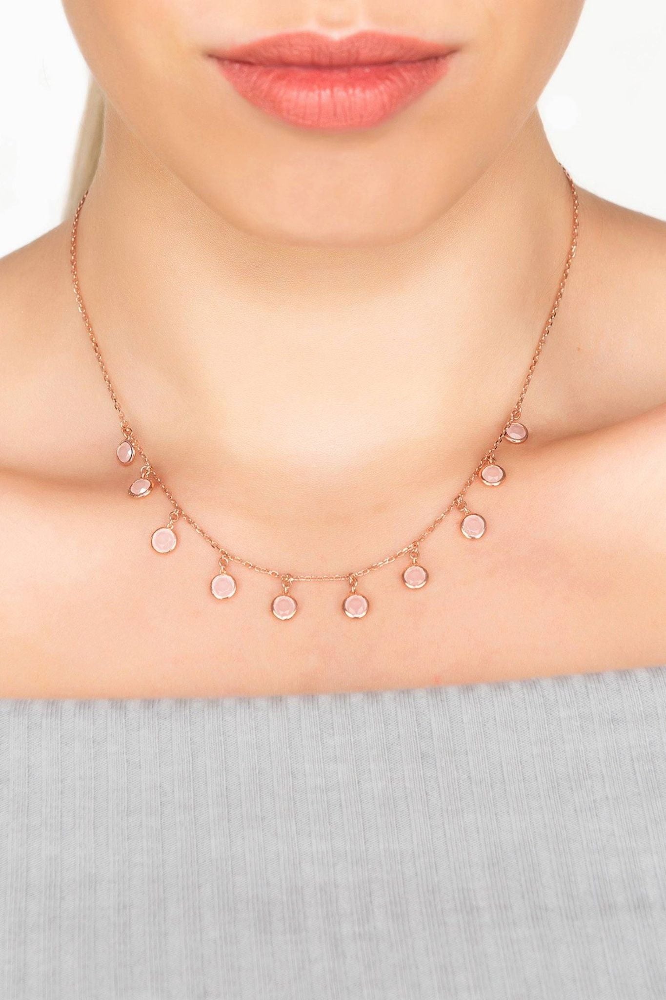 Florence Round Gemstone Necklace Rosegold Rose Quartz - LATELITA Necklaces
