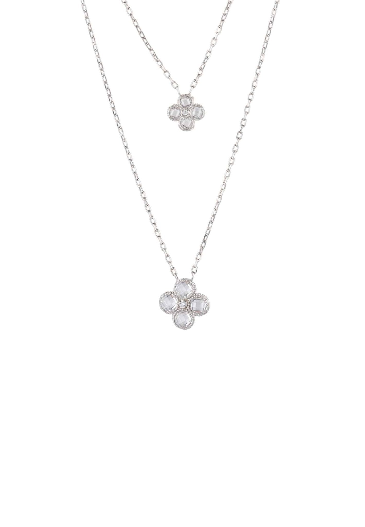 Flower Clover Double Layered Pendant Necklace Silver - LATELITA Necklaces