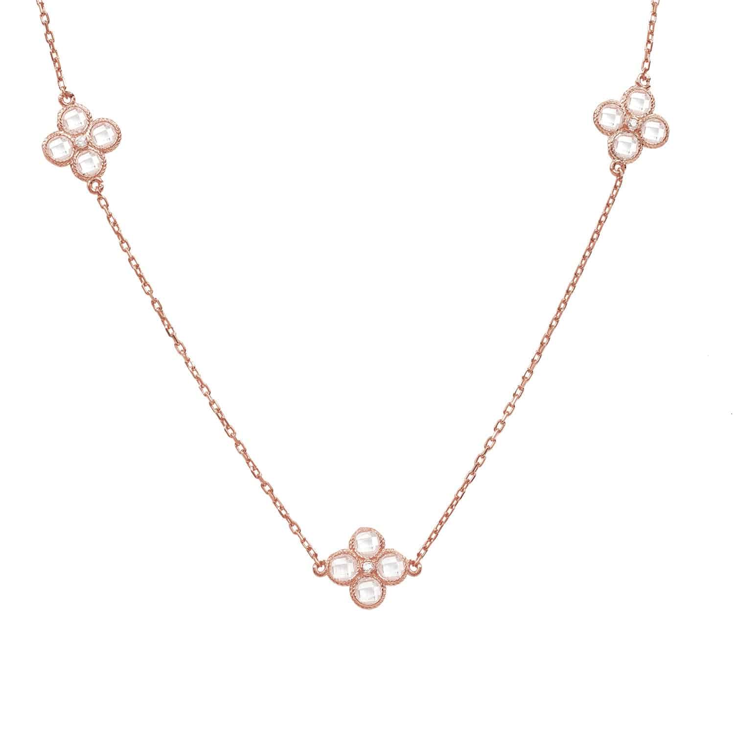 Flower Clover Long Chain White Quartz Necklace Rosegold - LATELITA Necklaces