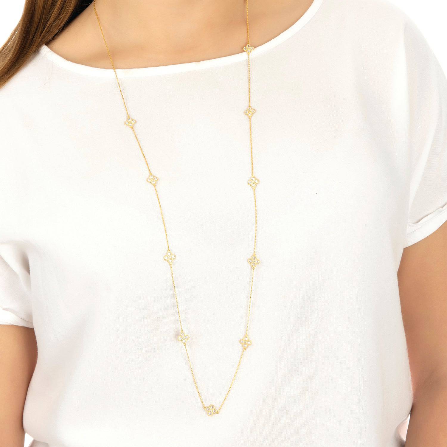 Flower Clover Long Chain White Quartz Necklace Rosegold - LATELITA Necklaces