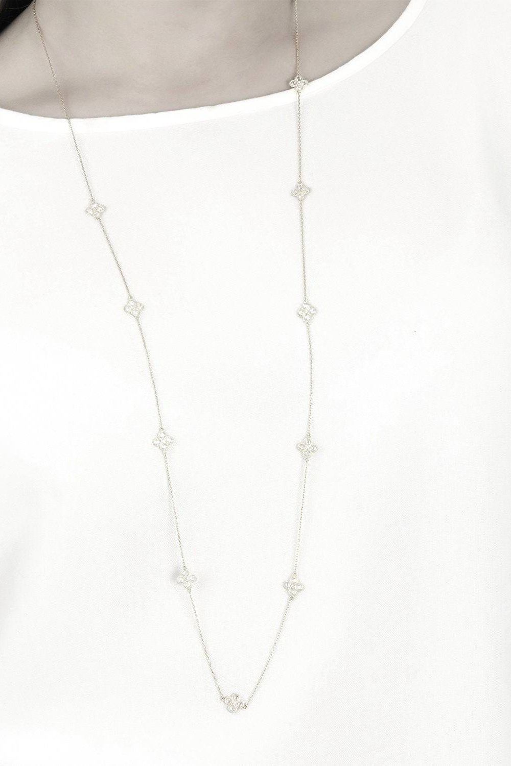 Flower Clover Long Chain White Quartz Necklace Silver - LATELITA Necklaces