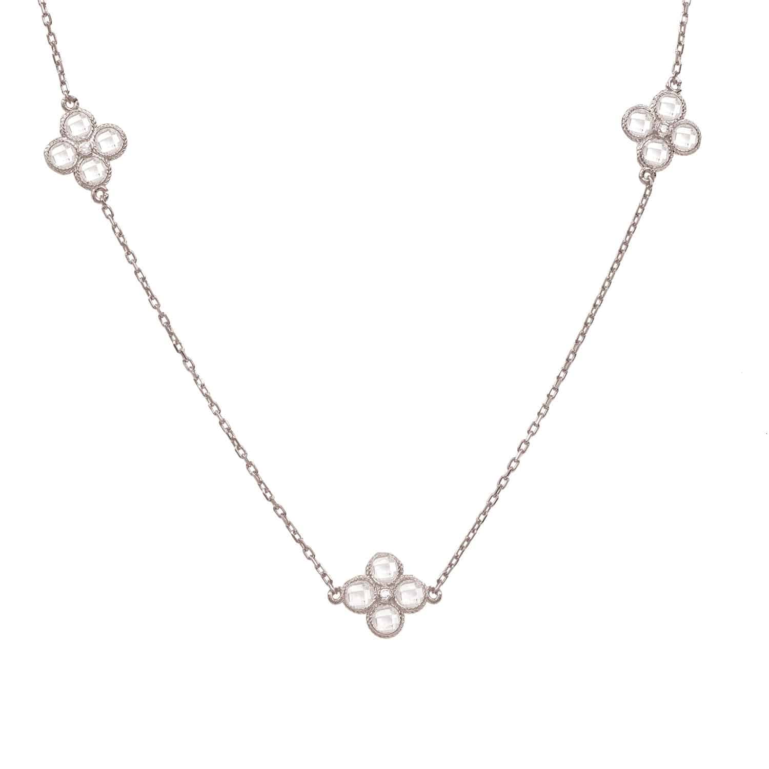 Flower Clover Long Chain White Quartz Necklace Silver - LATELITA Necklaces