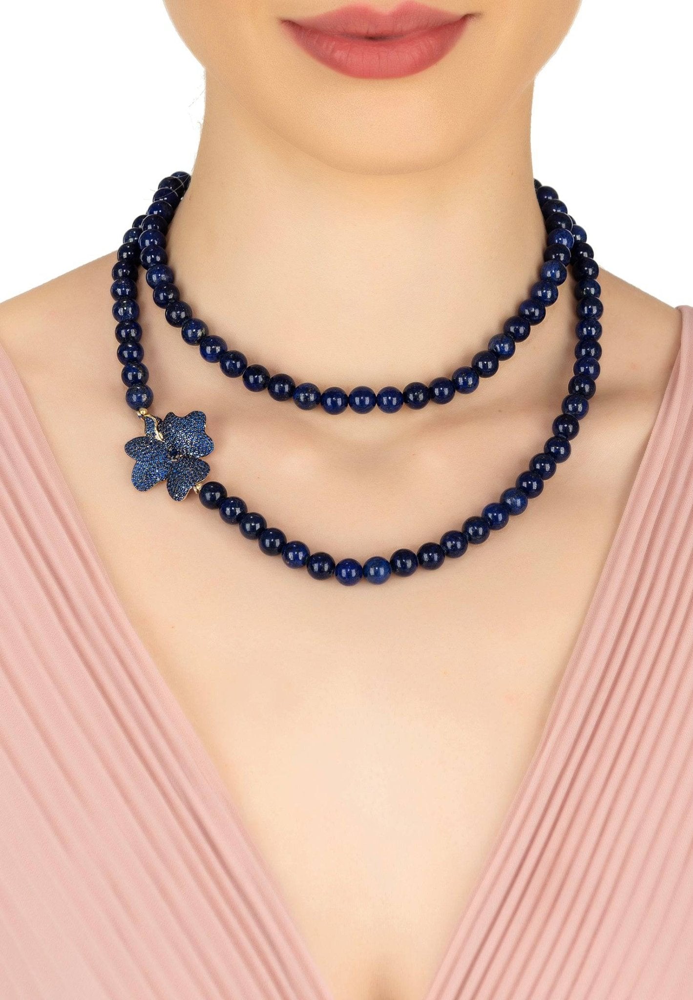 Flower Lapis Lazuli Gemstone Long Necklace Gold - LATELITA Necklaces