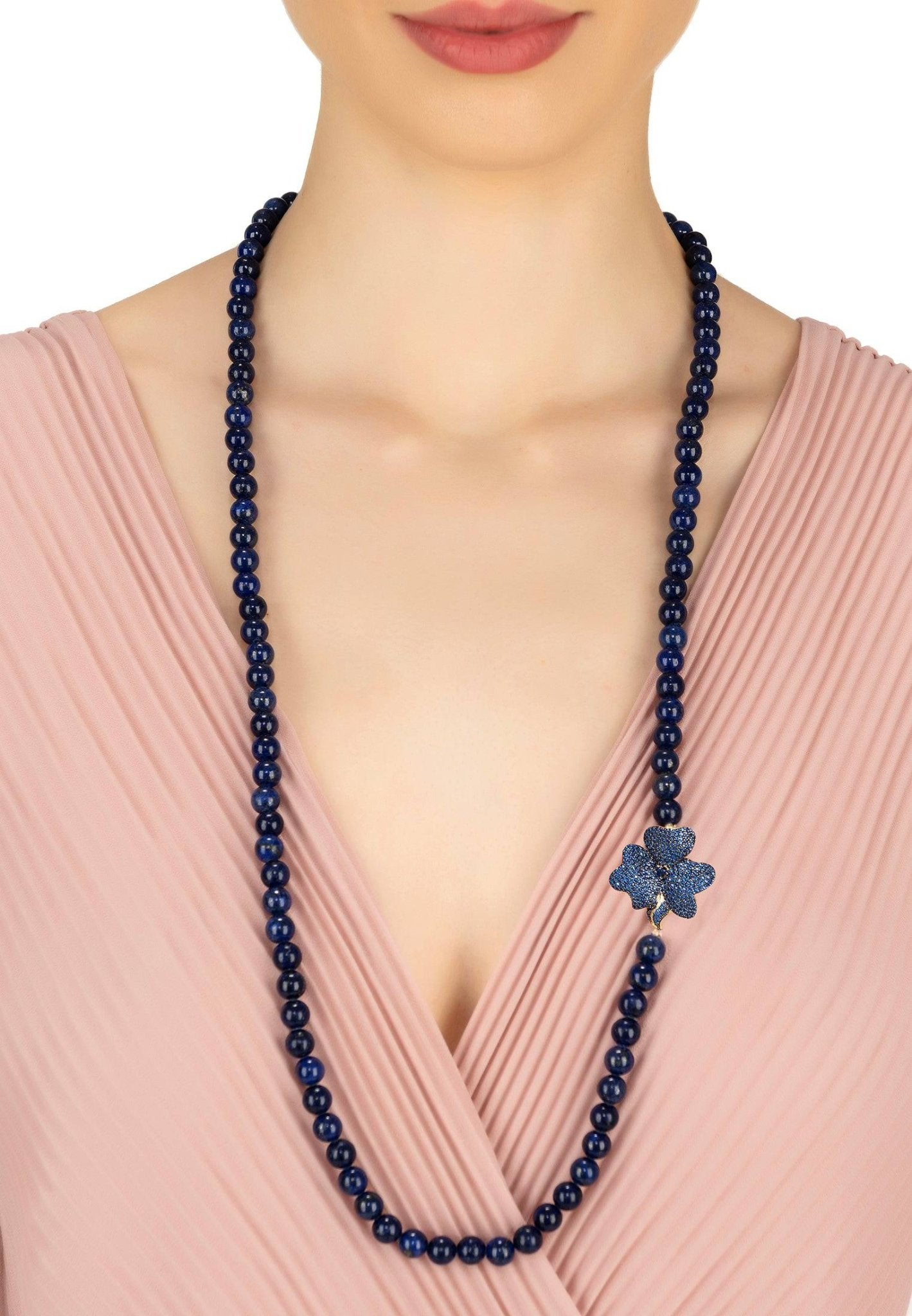 Flower Lapis Lazuli Gemstone Long Necklace Gold - LATELITA Necklaces