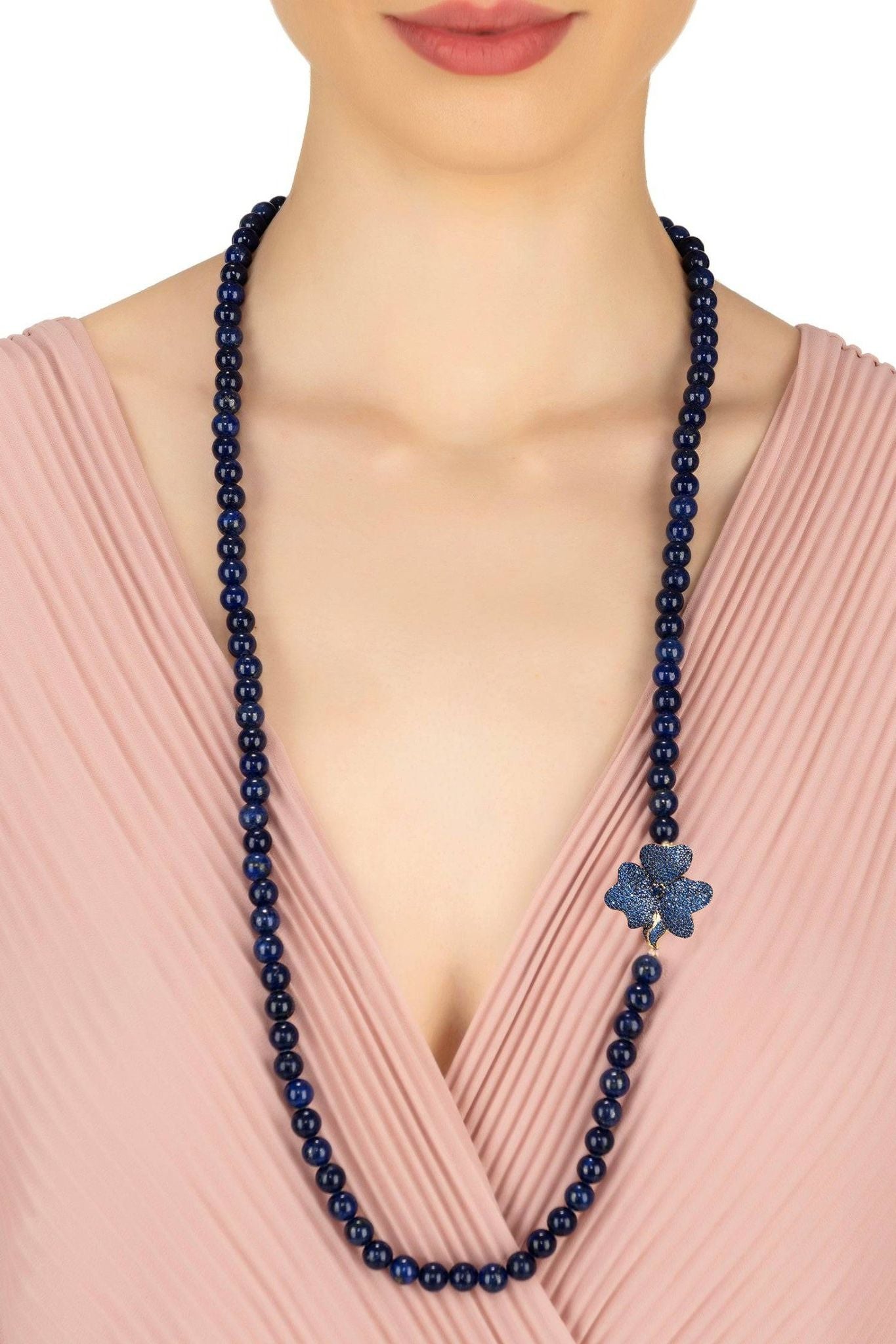 Flower Lapis Lazuli Gemstone Long Necklace Gold - LATELITA Necklaces