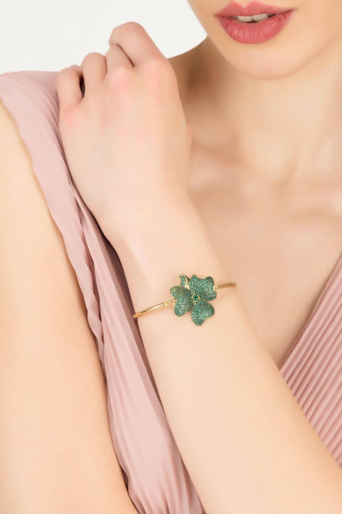 Flower Large Statement Cuff Bracelet Gold Emerald Green - LATELITA Bracelets