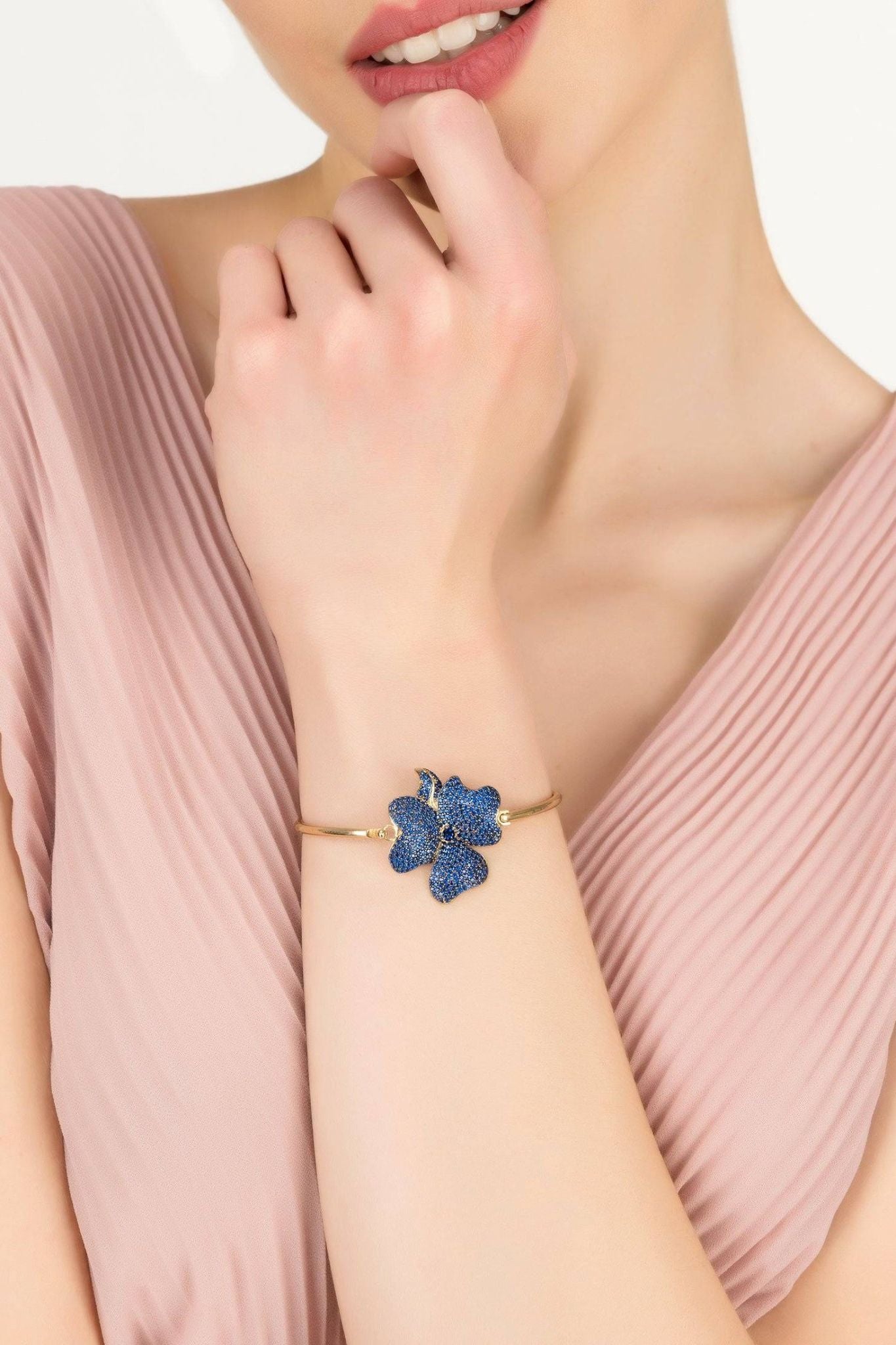 Flower Large Statement Cuff Bracelet Gold Sapphire Blue - LATELITA Bracelets