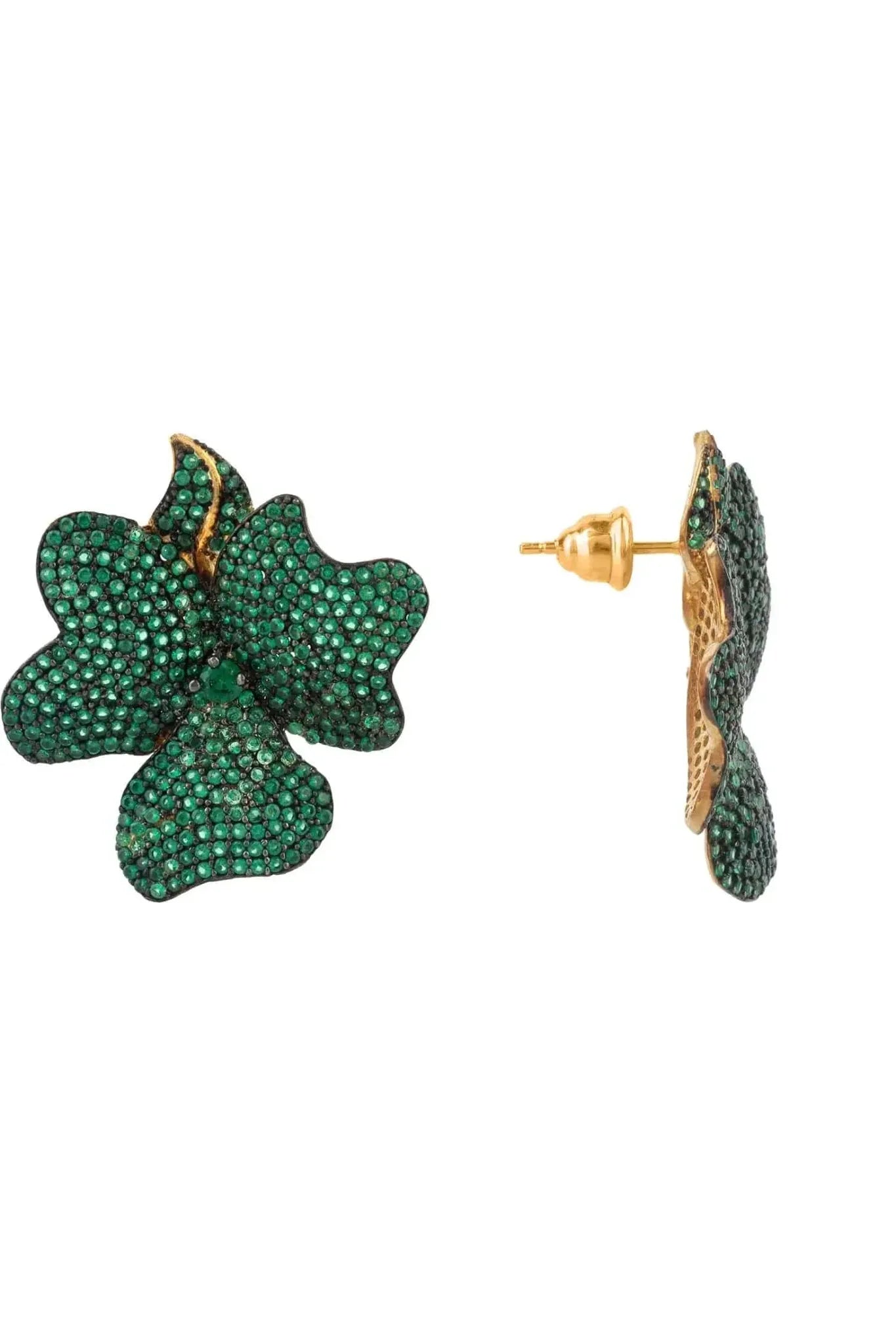 Flower Large Stud Earrings Gold Emerald Green - LATELITA Earrings
