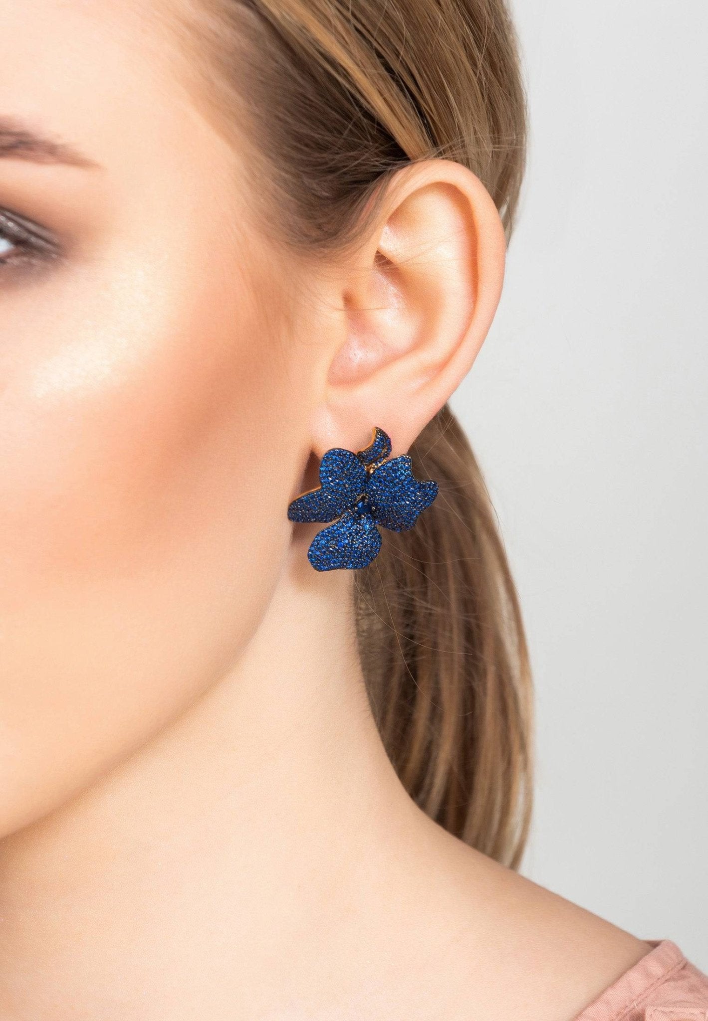 Flower Large Stud Earrings Gold Sapphire Blue - LATELITA Earrings