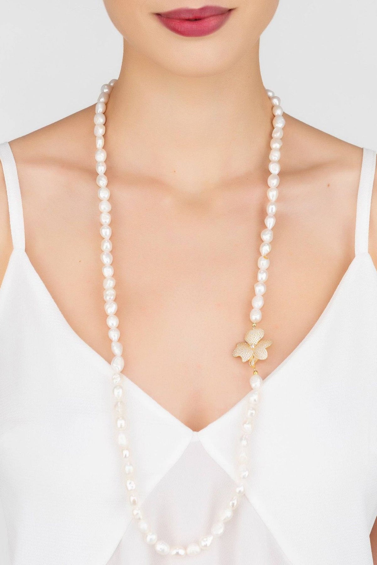 Flower Pearl Gemstone Long Necklace White Cz Gold - LATELITA Necklaces