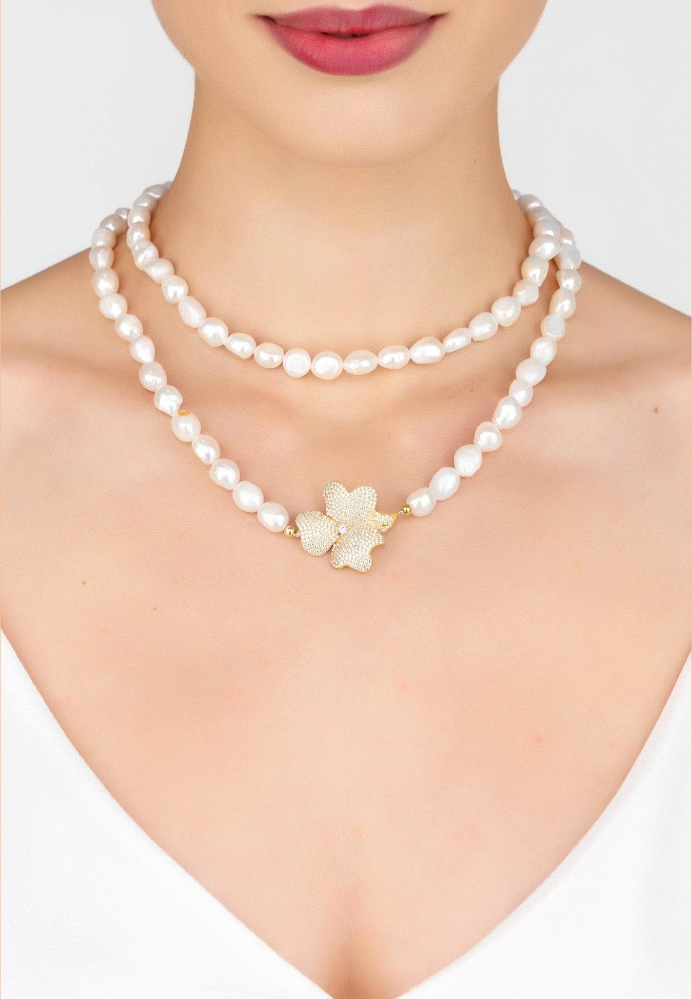 Flower Pearl Gemstone Long Necklace White Cz Gold - LATELITA Necklaces