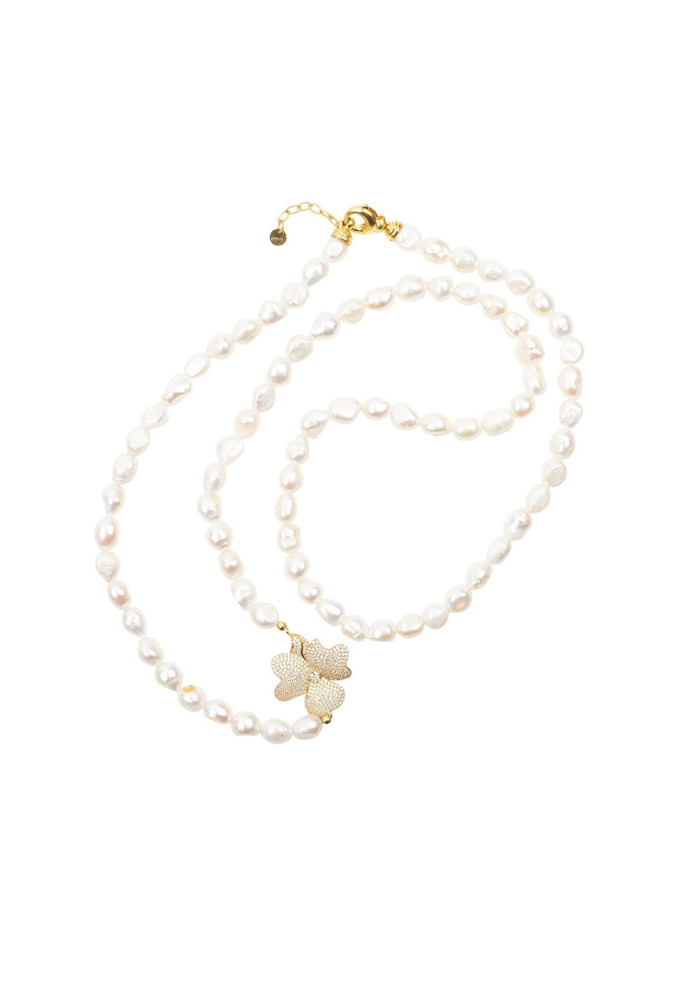 Flower Pearl Gemstone Long Necklace White Cz Gold - LATELITA Necklaces