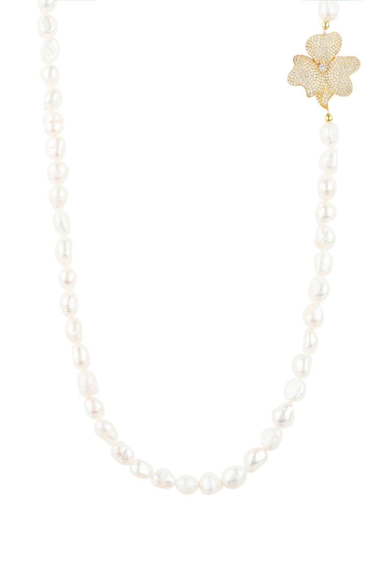Flower Pearl Gemstone Long Necklace White Cz Gold - LATELITA Necklaces