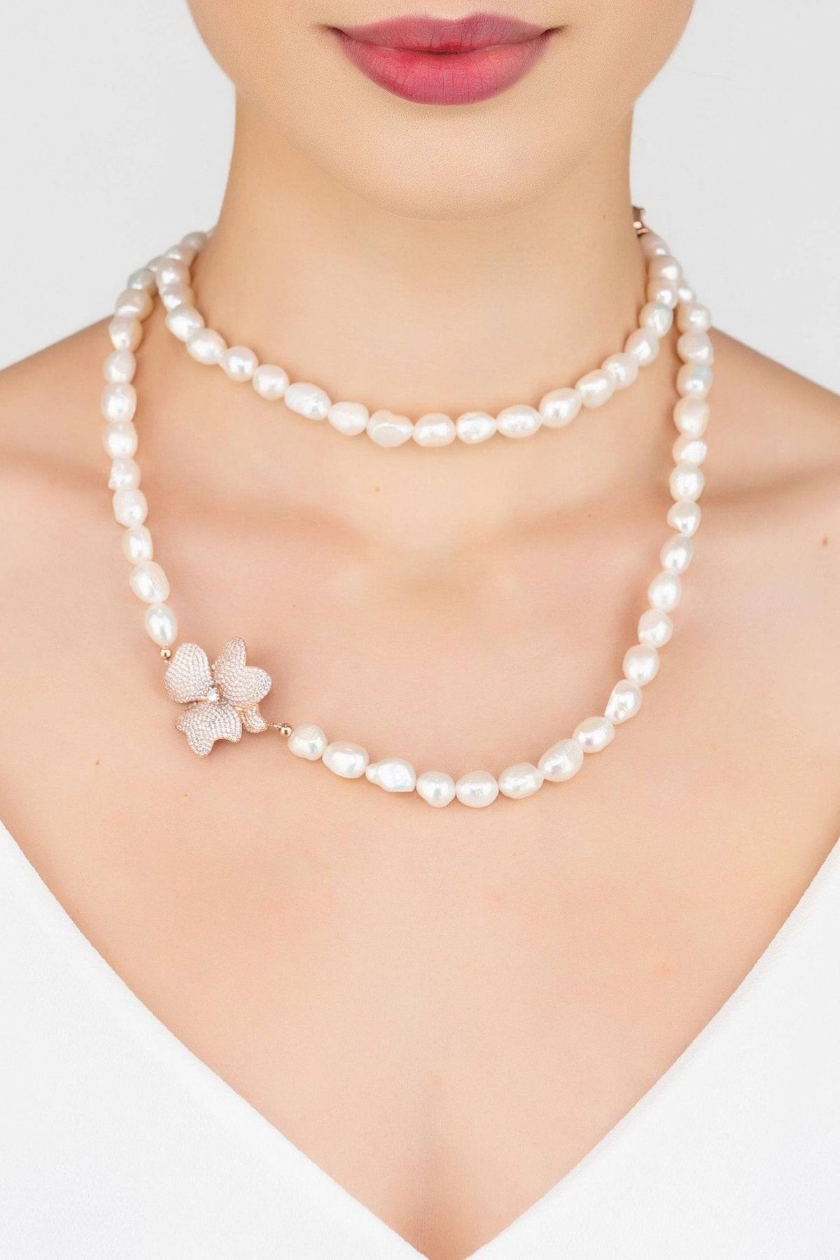 Flower Pearl Gemstone Long Necklace White Cz Rosegold - LATELITA Necklaces