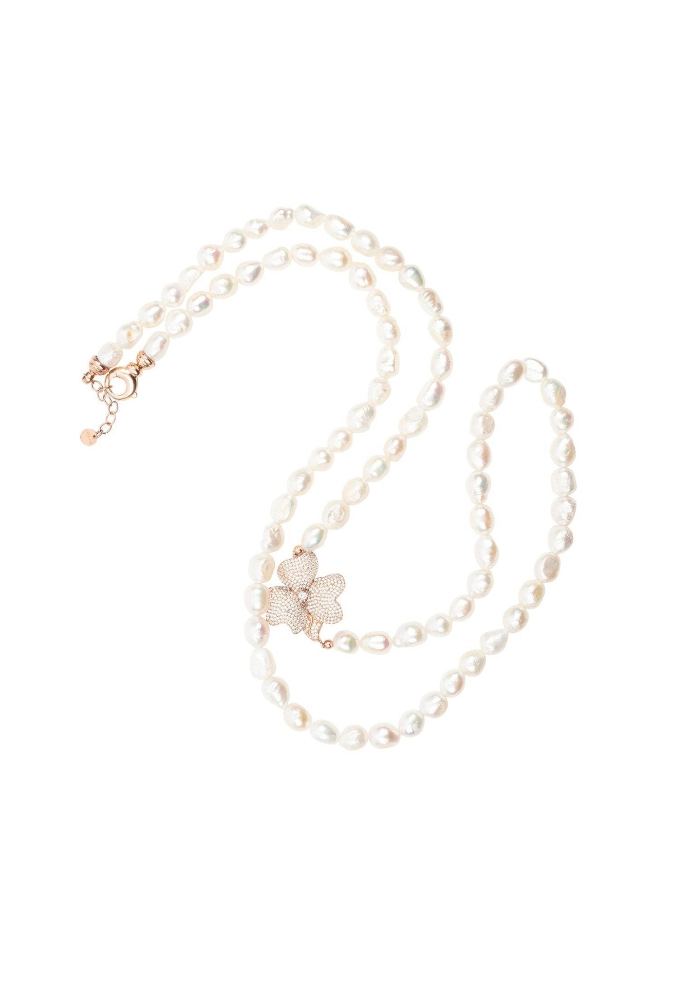 Flower Pearl Gemstone Long Necklace White Cz Rosegold - LATELITA Necklaces
