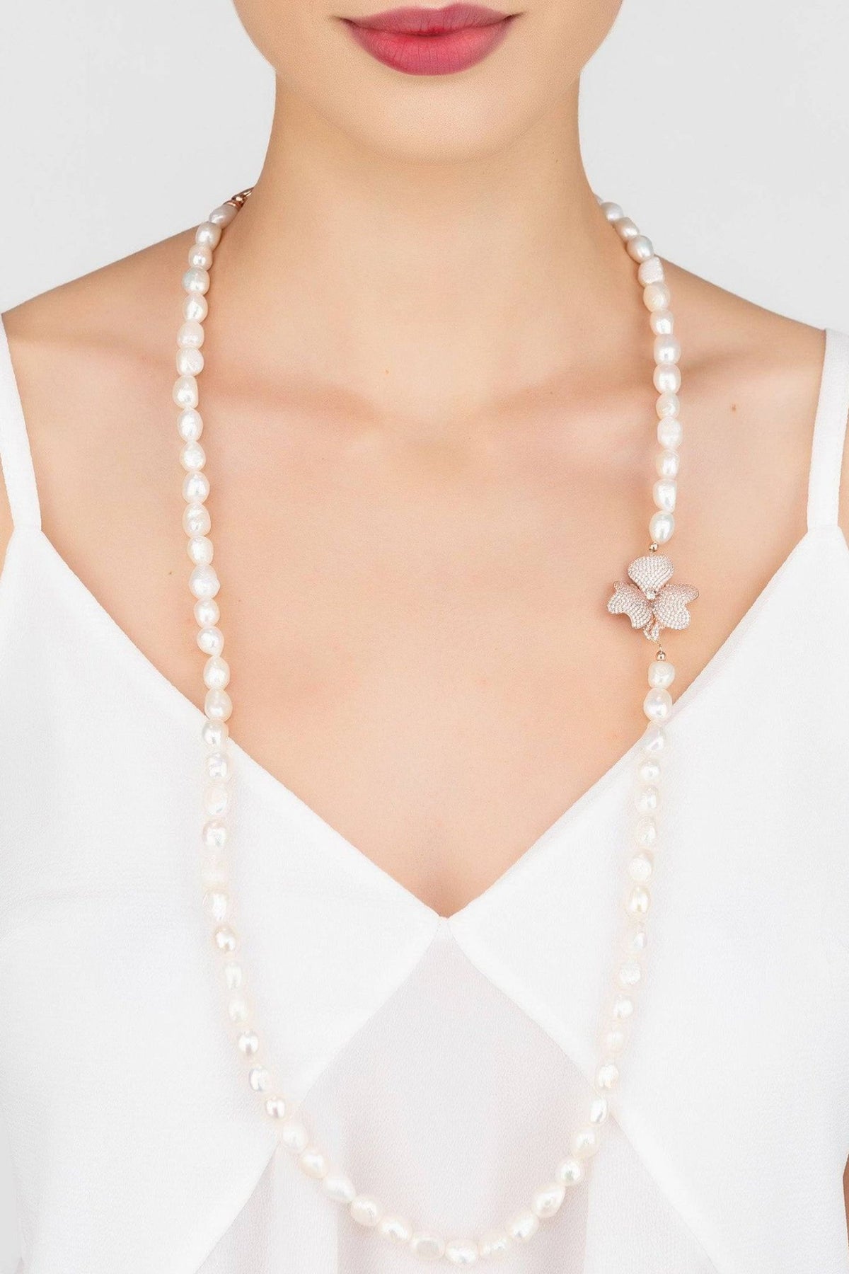 Flower Pearl Gemstone Long Necklace White Cz Rosegold - LATELITA Necklaces