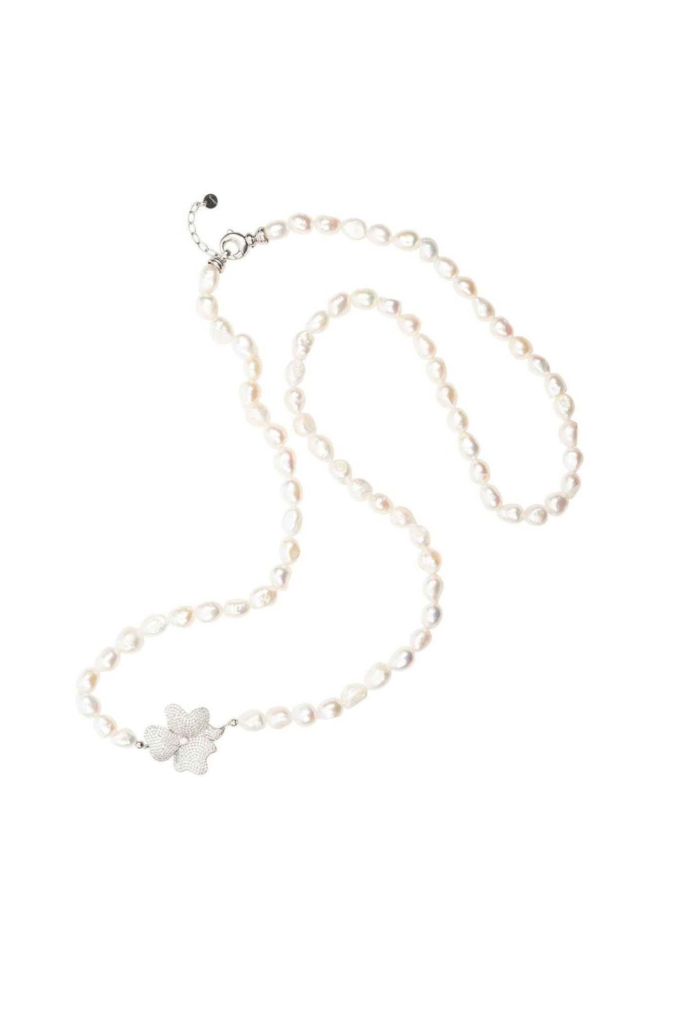 Flower Pearl Gemstone Long Necklace White Cz Silver - LATELITA Necklaces