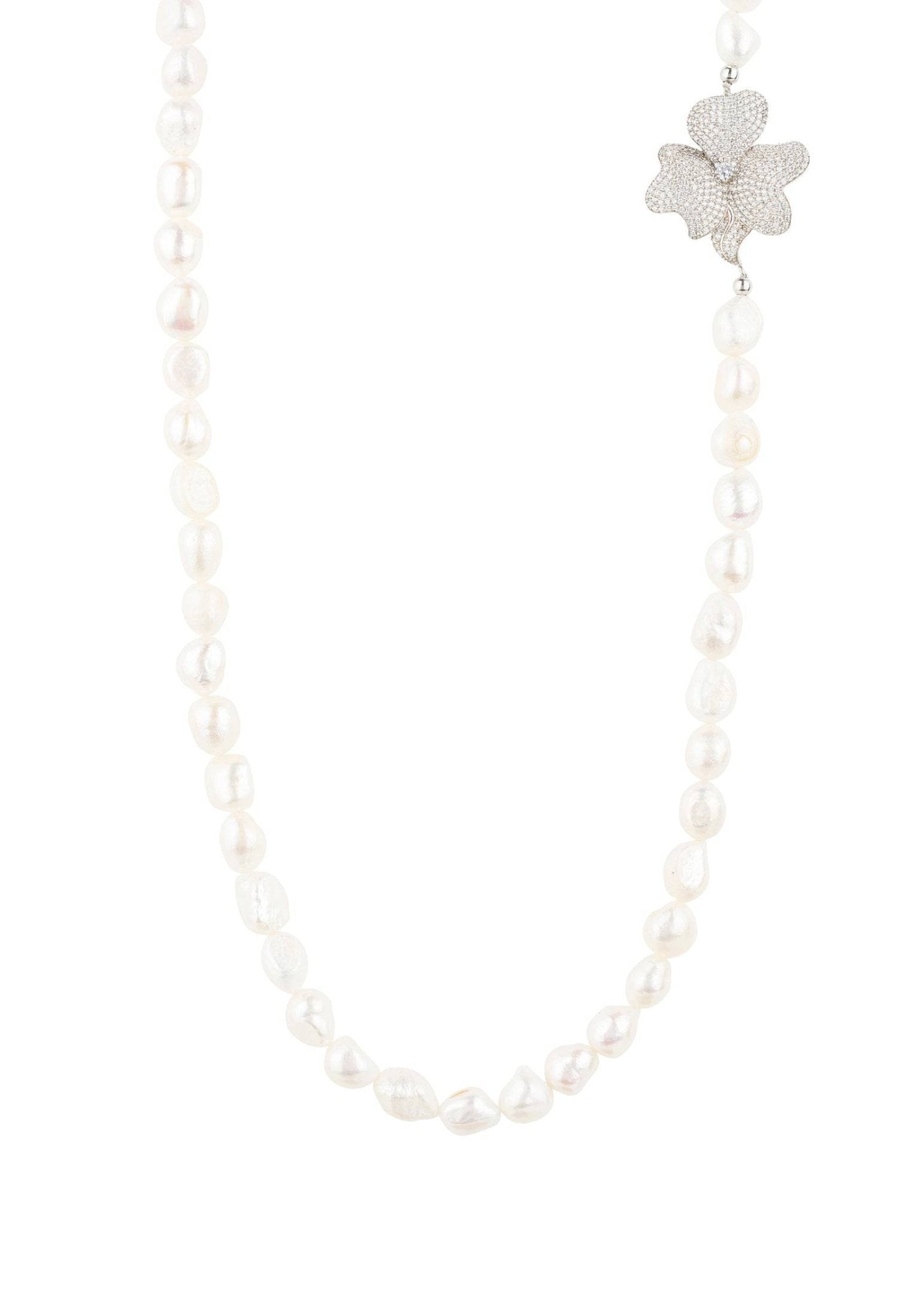 Flower Pearl Gemstone Long Necklace White Cz Silver - LATELITA Necklaces
