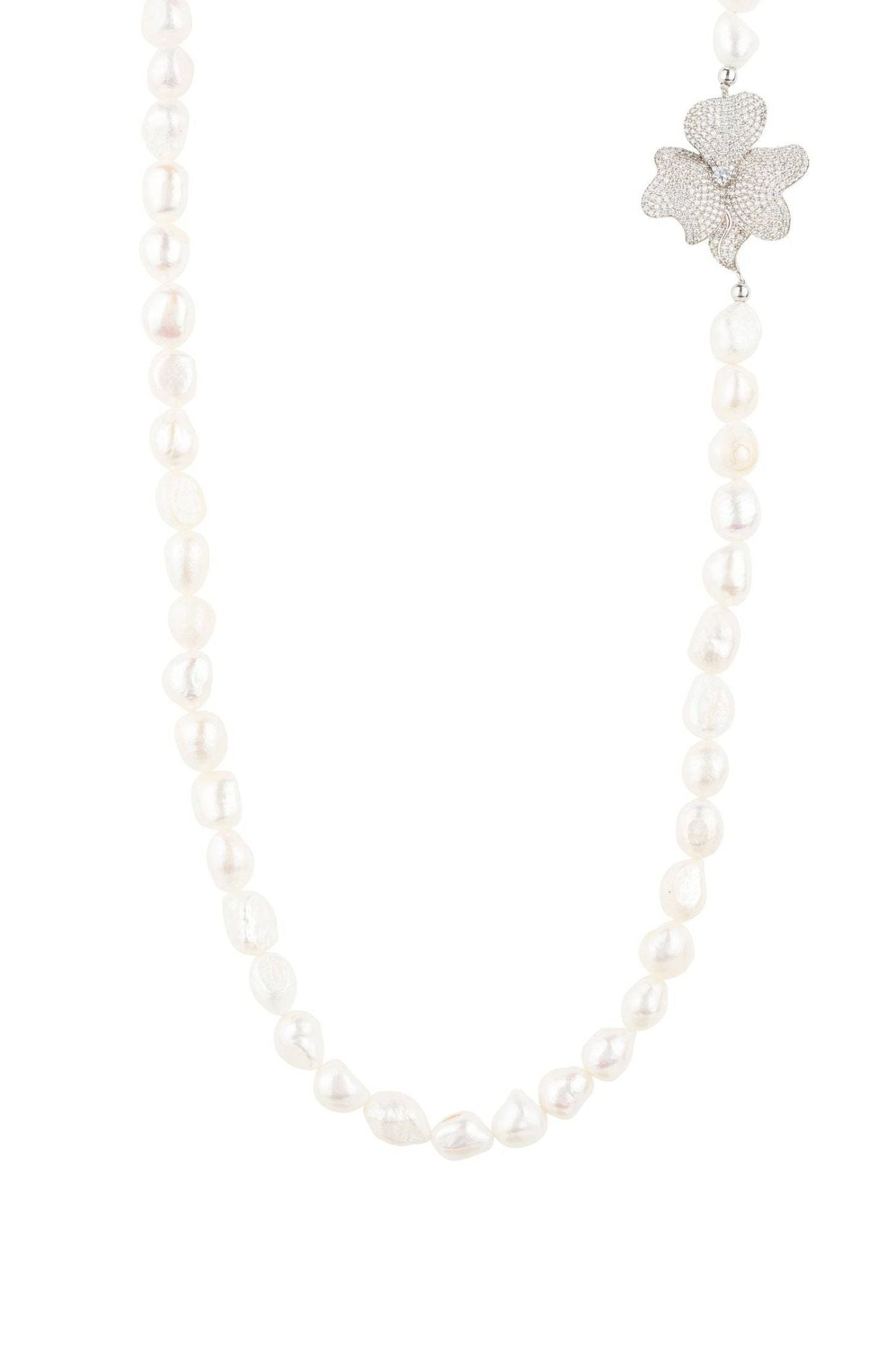 Flower Pearl Gemstone Long Necklace White Cz Silver - LATELITA Necklaces