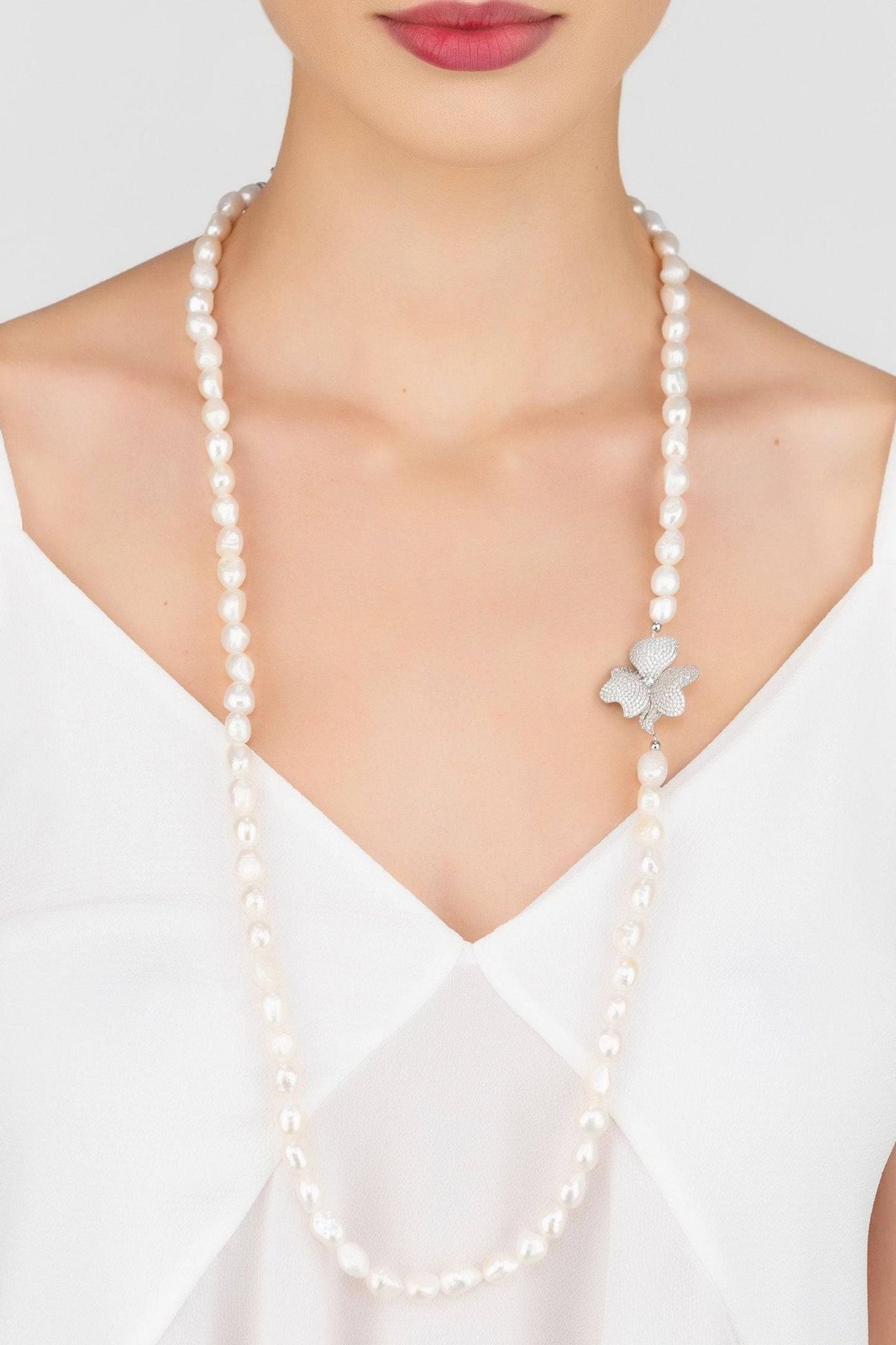 Flower Pearl Gemstone Long Necklace White Cz Silver - LATELITA Necklaces
